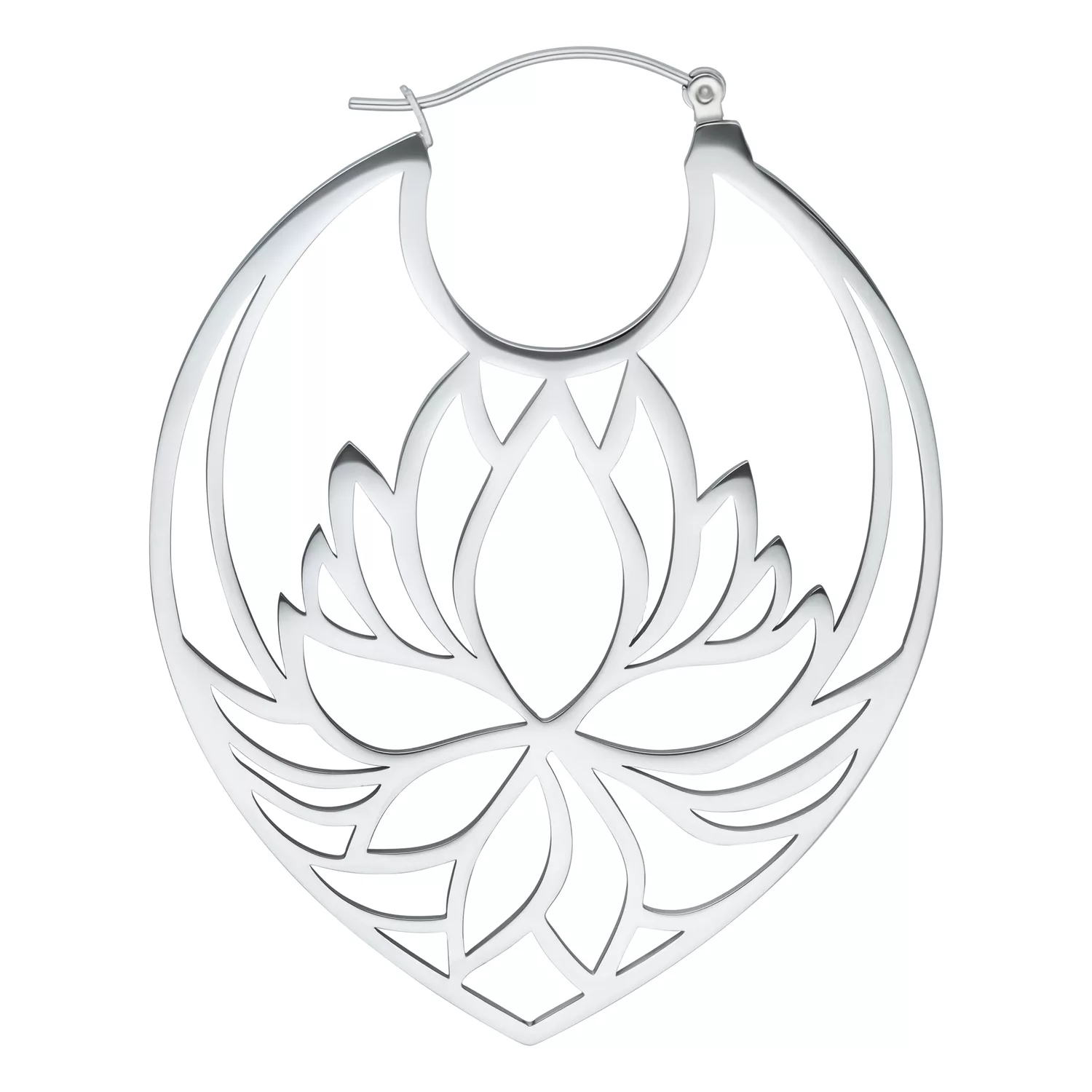 Lotus Hoops aus Edelstahl, Hochglanz Silberne Lotus Hoops Ohrringe aus Edelstahl auf weißem Hintergrund