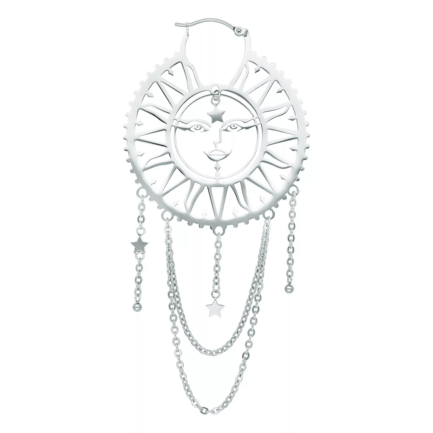 Silberne Oldschool Sun Moon Ohrringe mit Sonne-Mond-Design auf weißem Hintergrund