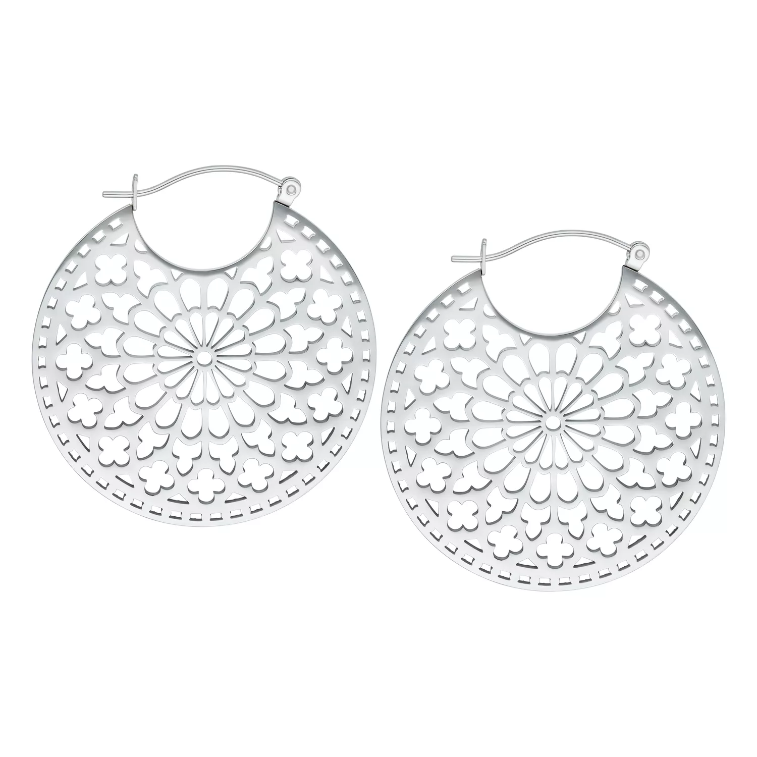 Silberne Cathedral Hoops Ohrringe aus Edelstahl Silberne runde Cathedral Hoops Ohrringe mit filigranem Design auf weißem Hintergrund