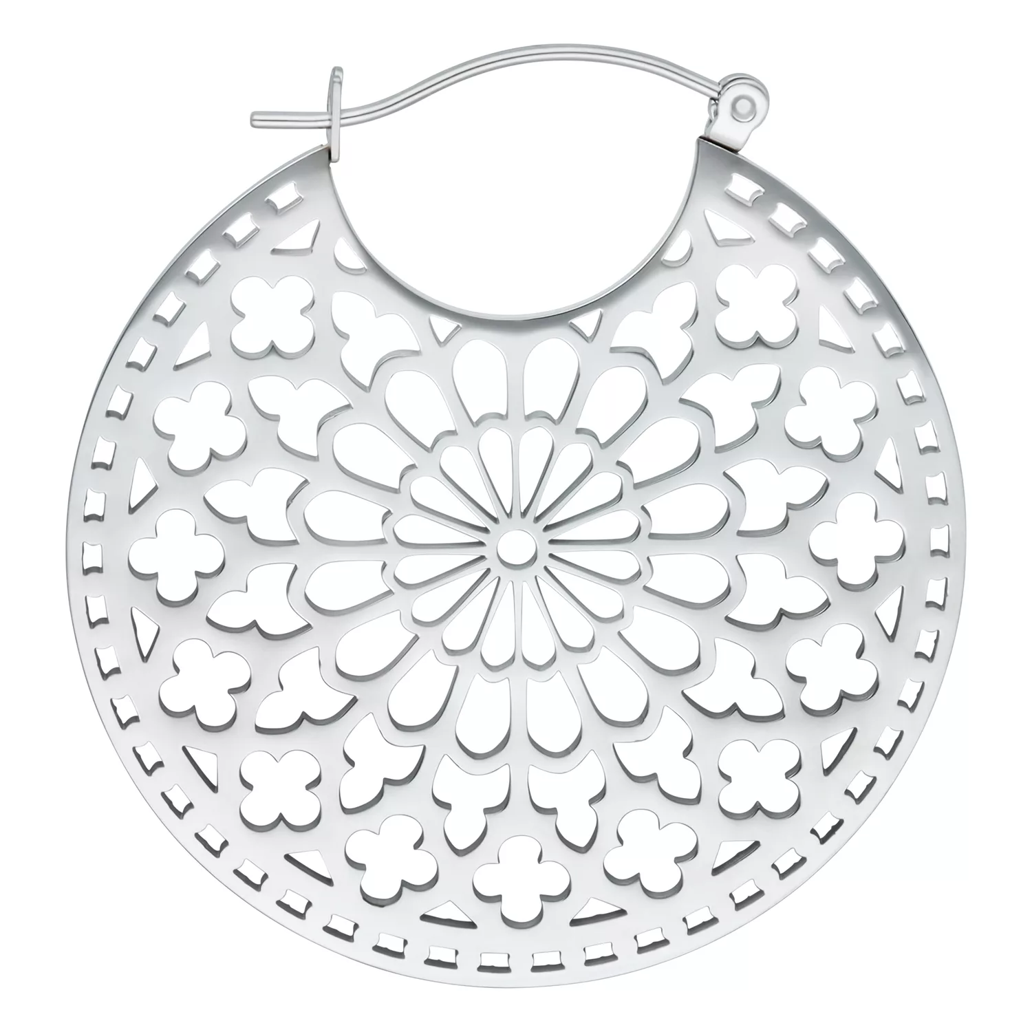 Silberne Cathedral Hoops aus Edelstahl Silberne Ohrringe im Kathedralen-Design mit filigranem Muster auf weißem Hintergrund