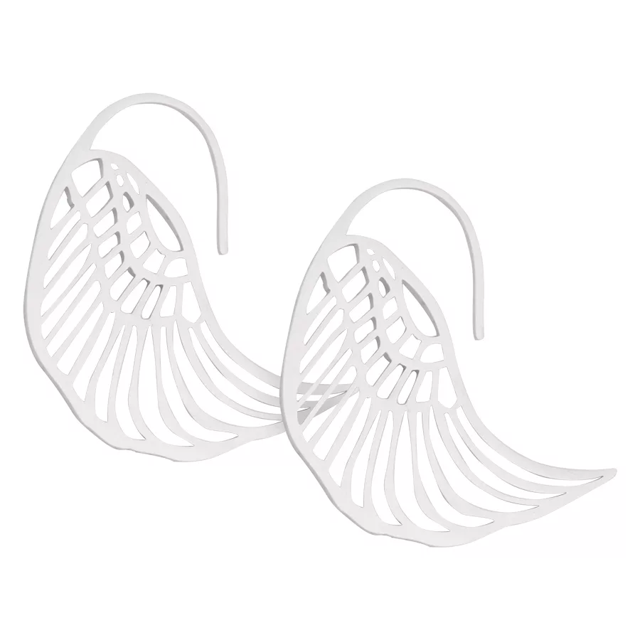 Silberne Wings Ohrhänger aus Chirurgenstahl Zwei silberne Ohrhänger in Flügelform aus Chirurgenstahl auf weißem Hintergrund