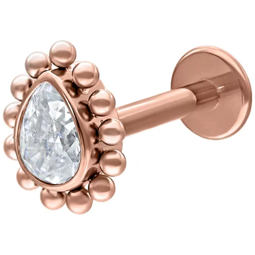 Roségoldenes Push-Fit Labret mit klarem Kristall in Tropfenform auf weißem Hintergrund