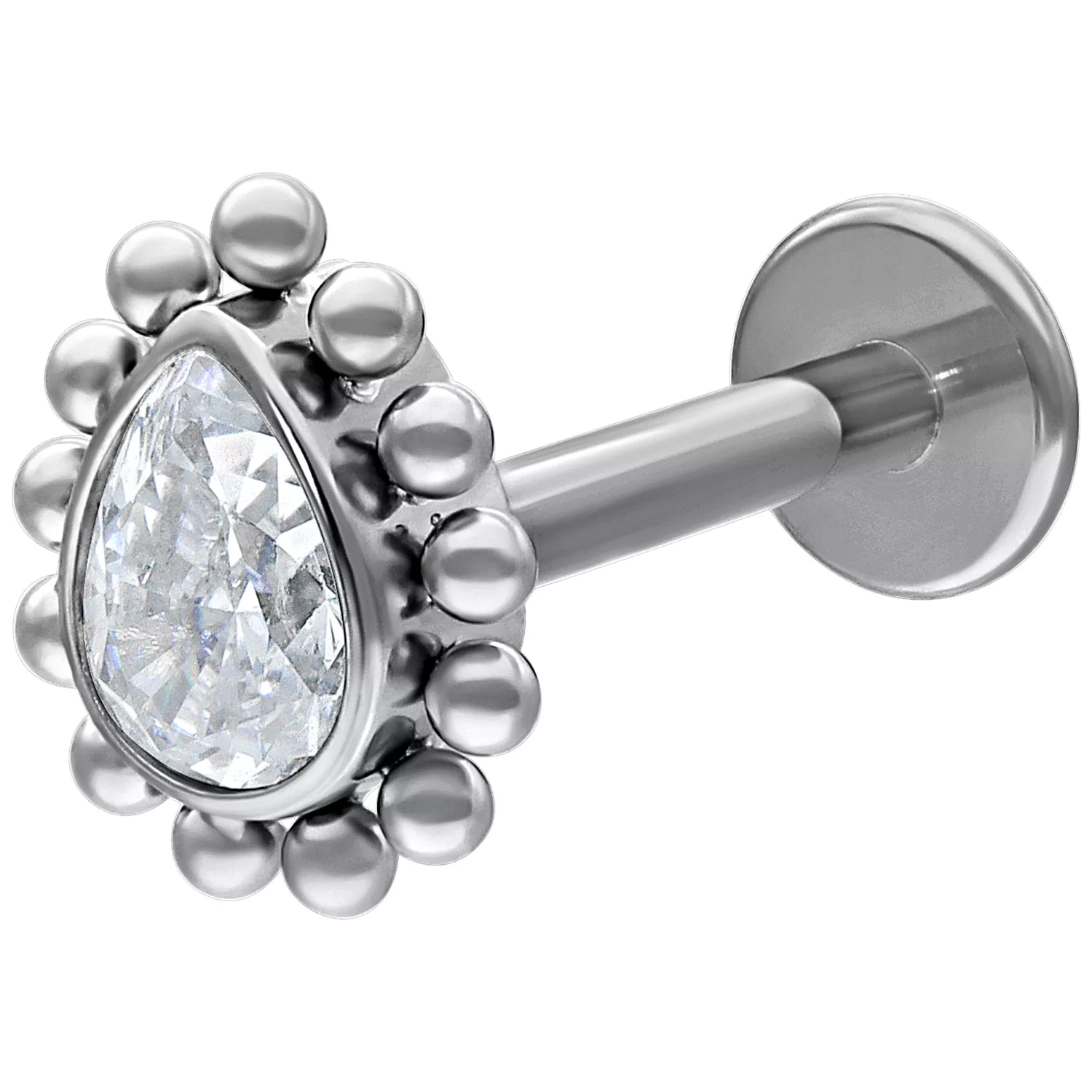 Crystal Teardrop Labret, Weißgold, 12 mm Weißgoldenes Labret mit tropfenförmigem Kristall auf weißem Hintergrund