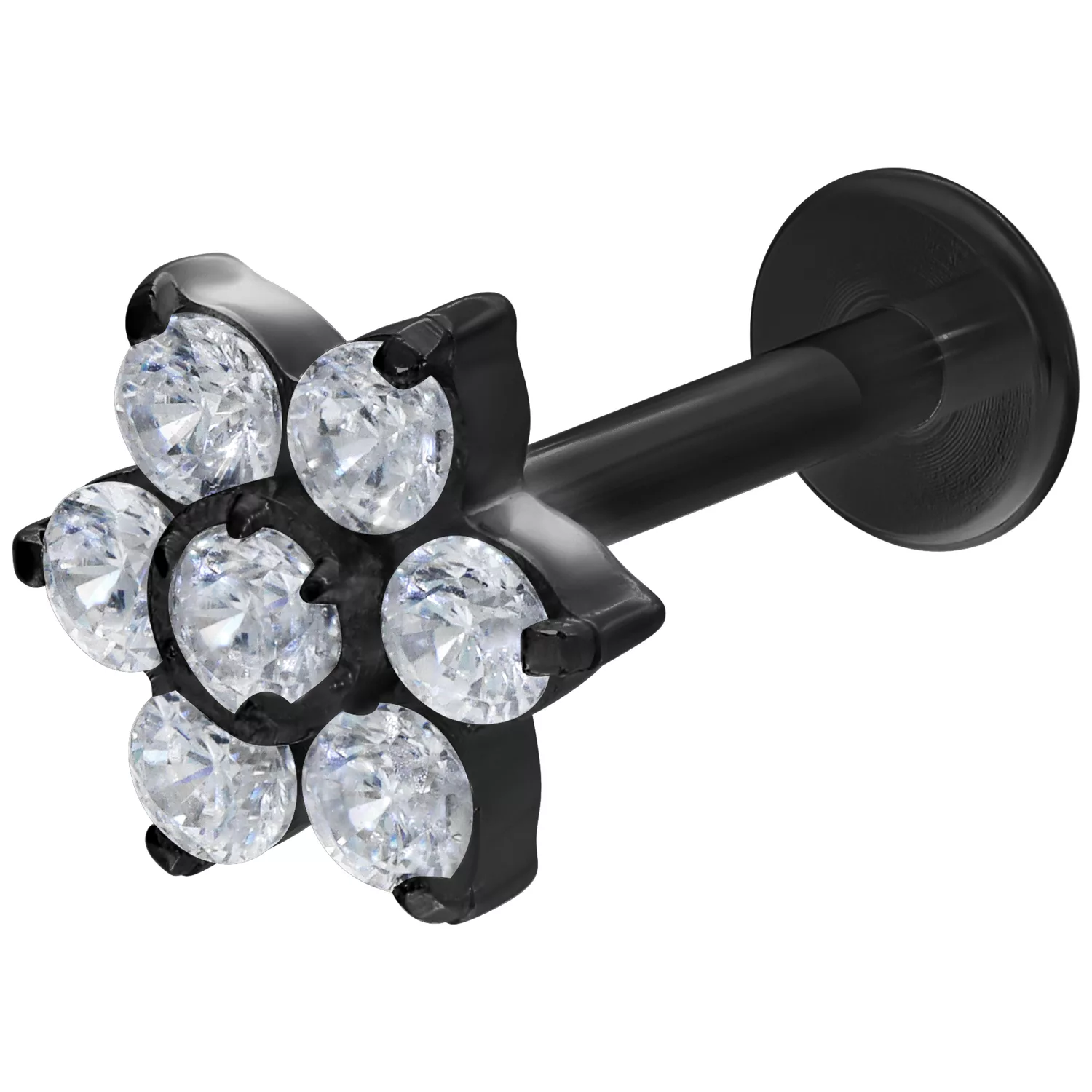 Schwarzes Crystal Flower Push-Fit Labret 6mm Schwarzes Labret mit kristallklaren Blumensteinen auf weißem Hintergrund