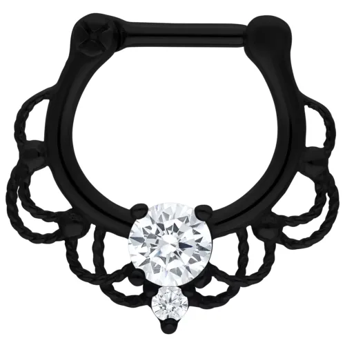 Eleganter schwarzer Septum Clicker mit klaren Kristallsteinen auf weißem Hintergrund
