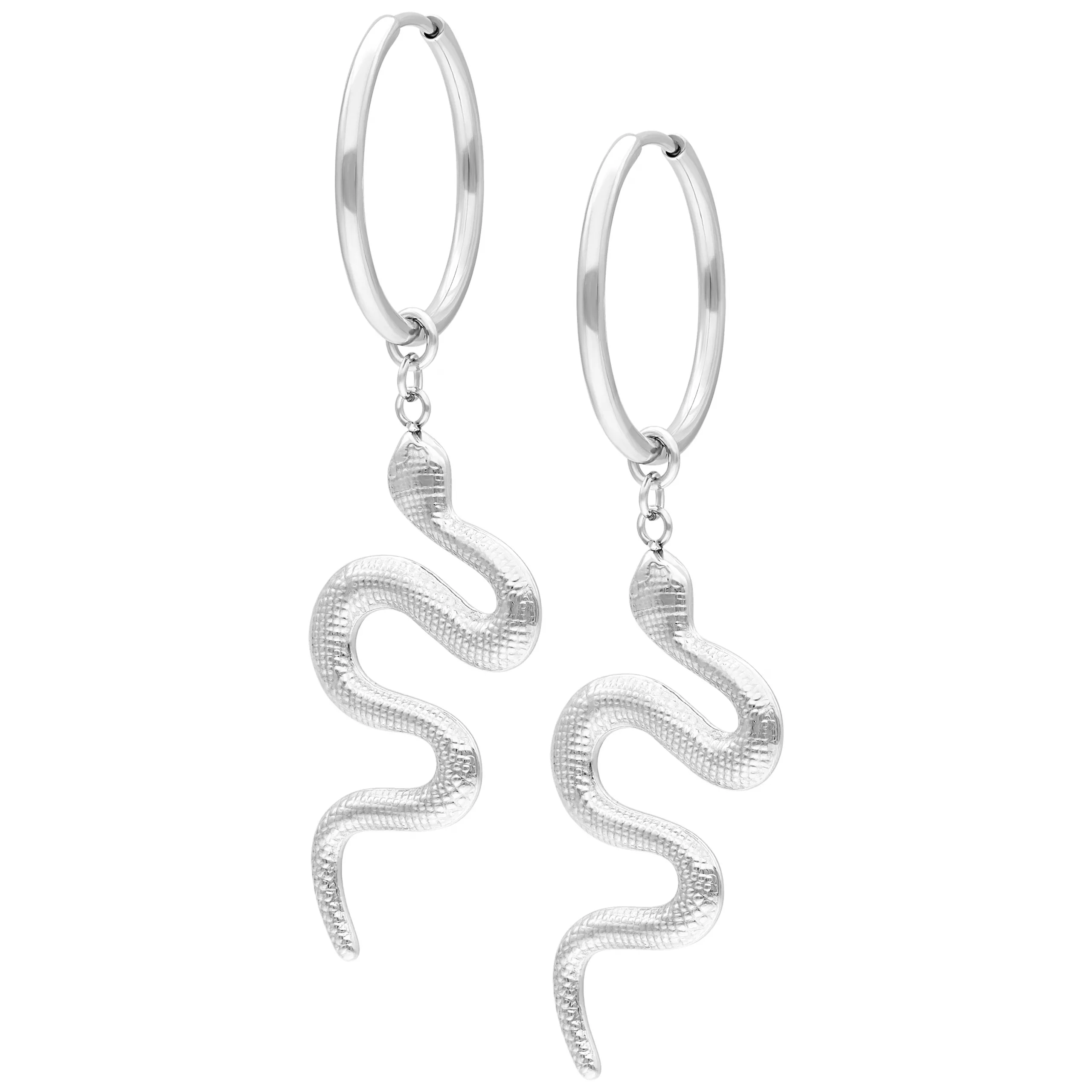 Silberne Snake Hoops Ohrringe Silberne Schlangen-Ohrringe mit Klappverschluss auf weißem Hintergrund