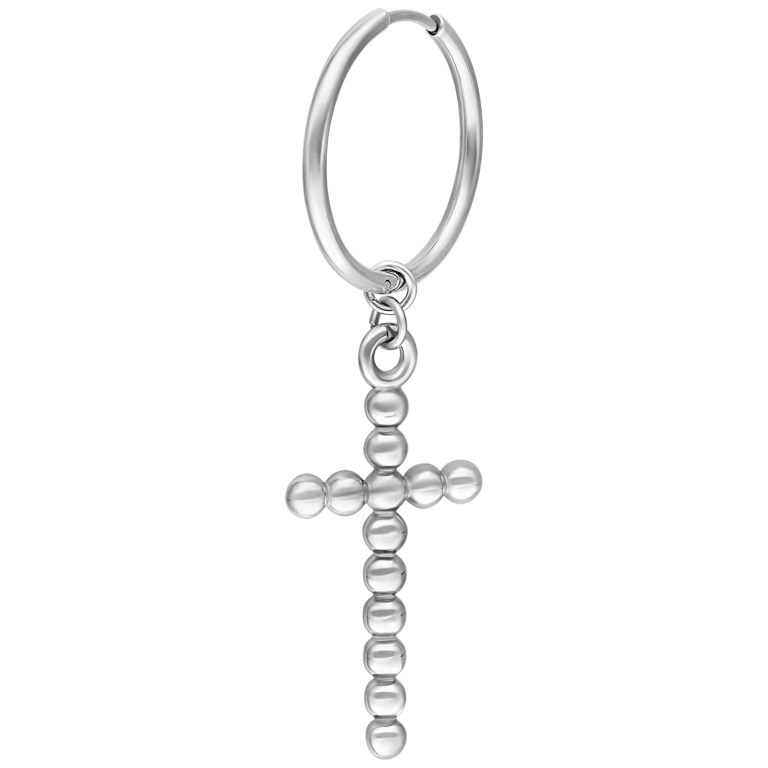 Silberne Bubble Cross Hoops Ohrringe Silberne Kreuz-Ohrringe in Kugeldesign auf weißem Hintergrund