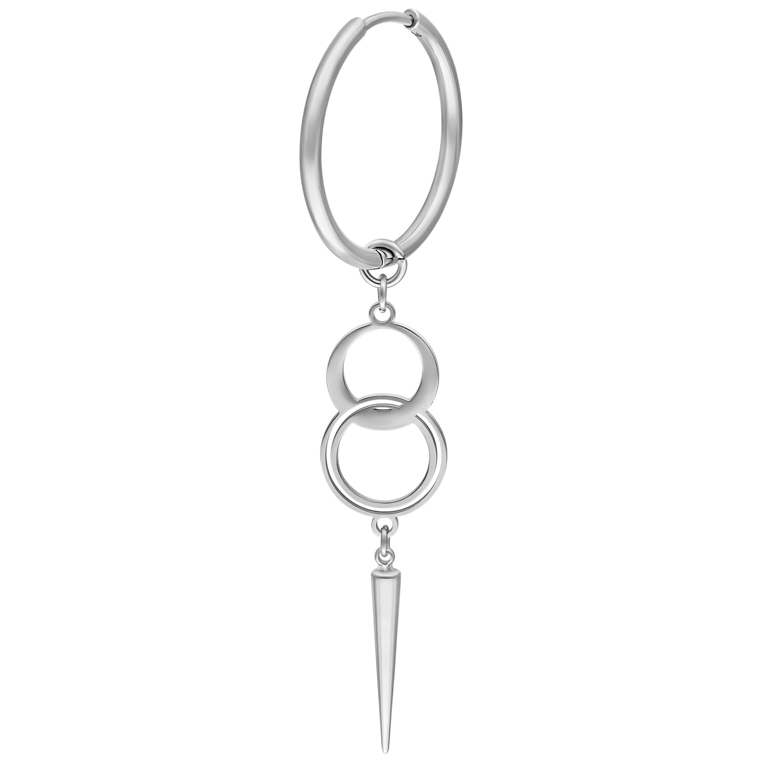 Silberne Ohrhänger mit Anhänger-Design Silberne Ohrringe mit zwei Ringen und spitzem Anhänger vor weißem Hintergrund