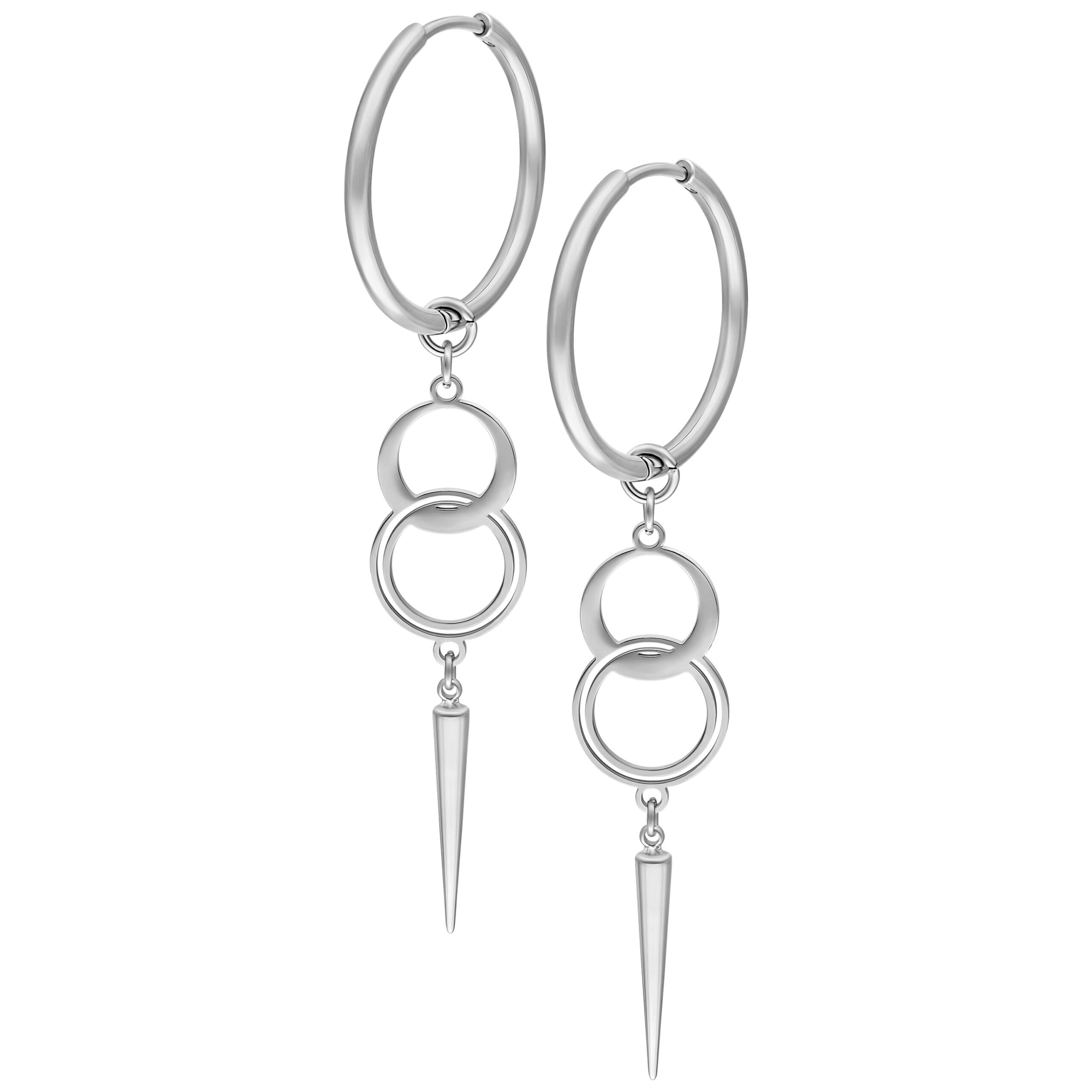 Sinn Hoops Pairs Silber Ohrringe Set Silberne Hoops mit zwei Ringen und spitzem Anhänger auf weißem Hintergrund
