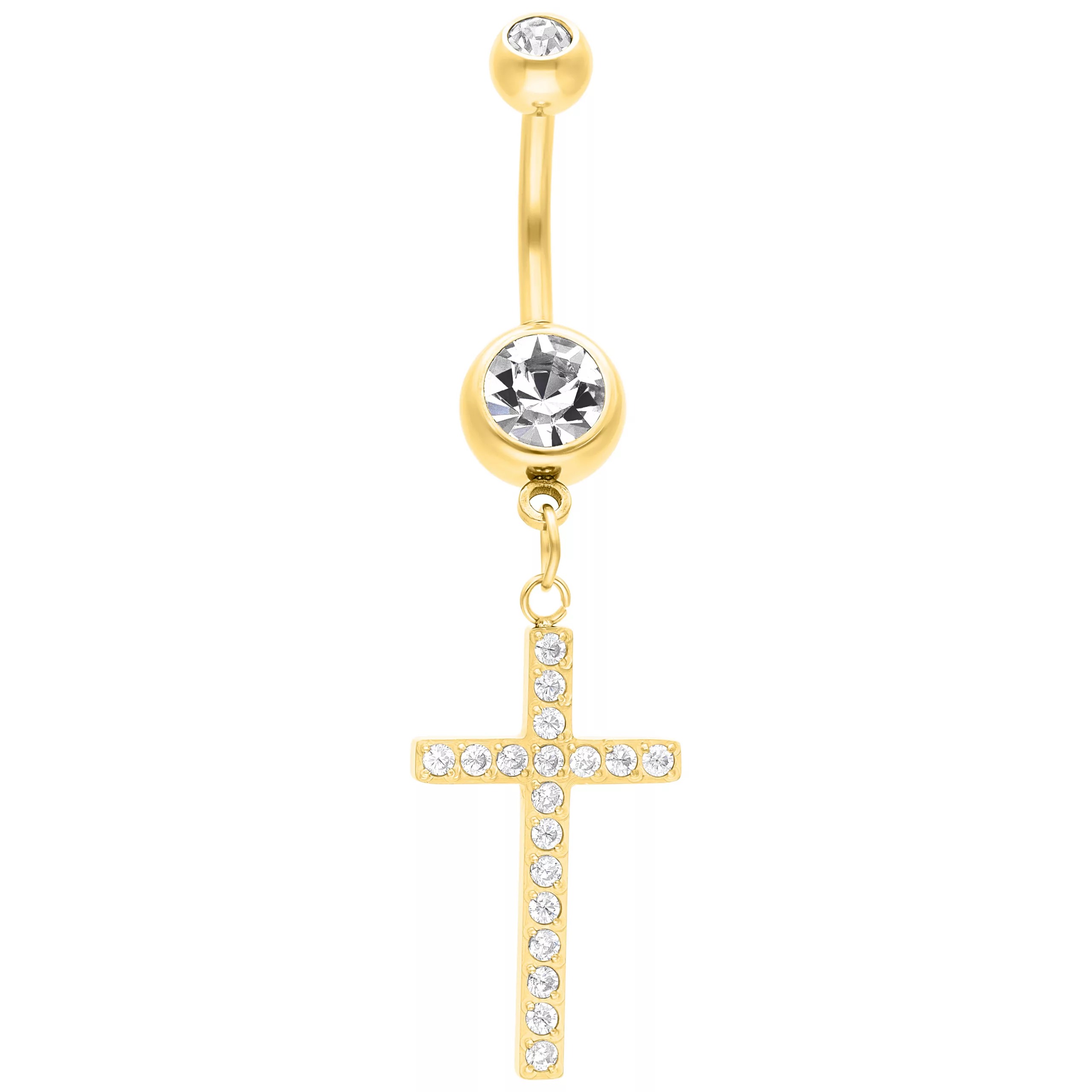 Goldenes Bauchnabelpiercing mit funkelndem Kreuzanhänger auf weißem Hintergrund