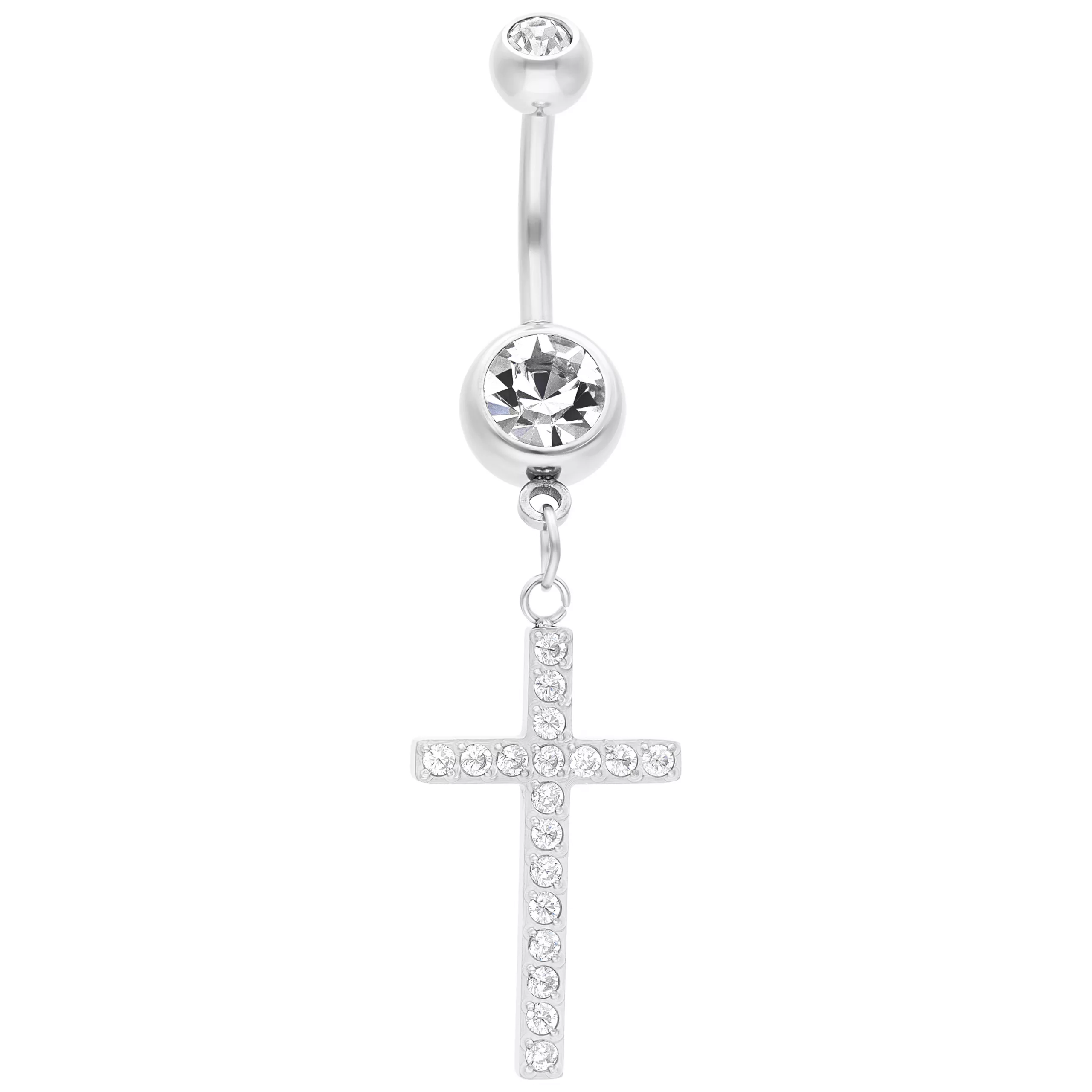 Silbernes Bauchnabelpiercing mit hängendem Kreuz und klaren Kristallen auf weißem Hintergrund