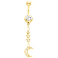 Goldenes Mond-Bauchnabelpiercing mit Kristallen Goldenes Bananabell mit klarem Kristall und Mondanhänger auf weißem Hintergrund