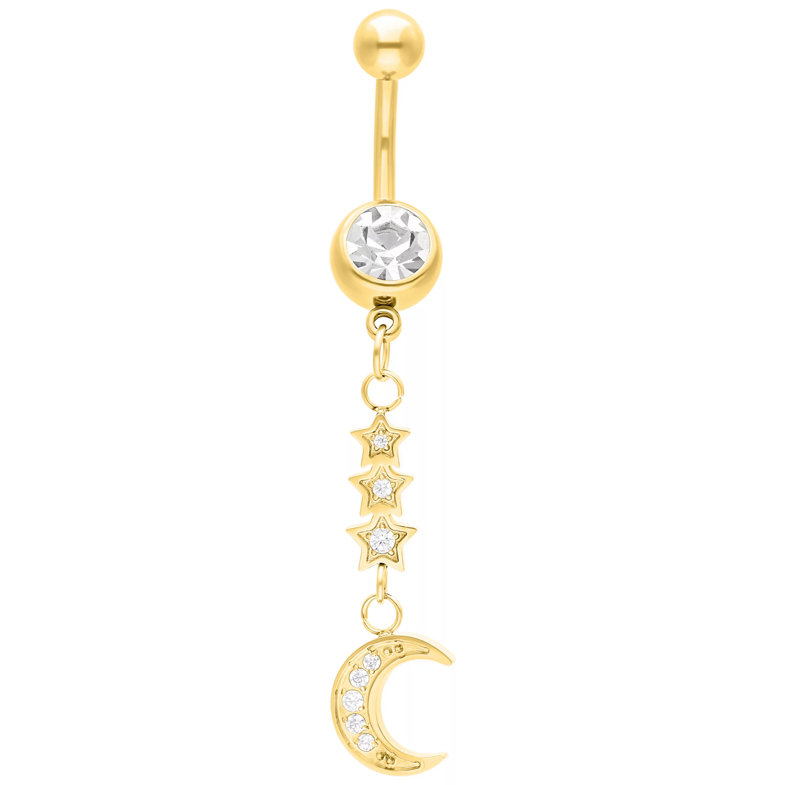 Goldenes Mond-Bauchnabelpiercing mit Kristallen Goldenes Bananabell mit klarem Kristall und Mondanhänger auf weißem Hintergrund