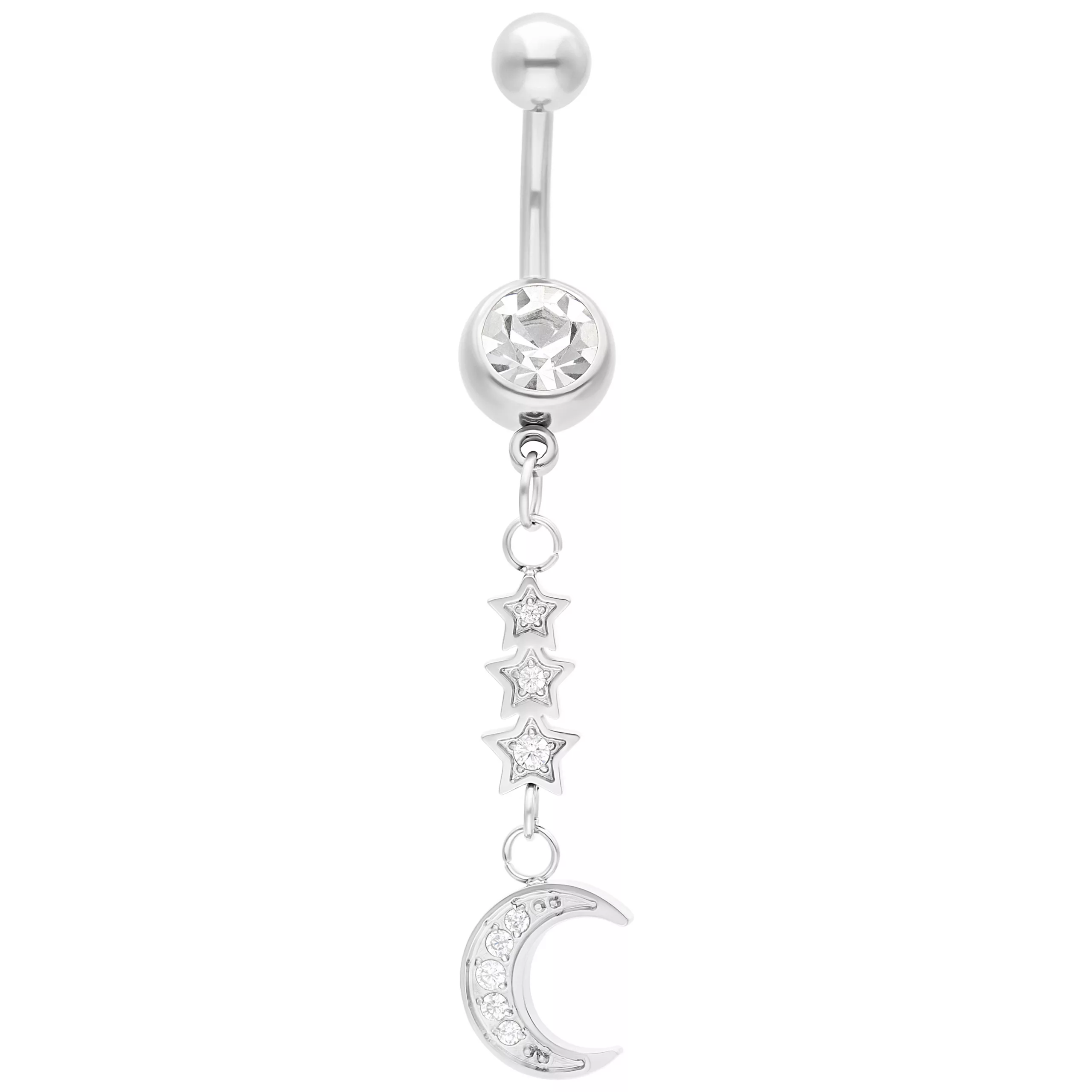 Silbernes Bananabell mit Mond und Sternen Bauchnabelpiercing mit silbernem Mondanhänger und Sternen auf weißem Hintergrund