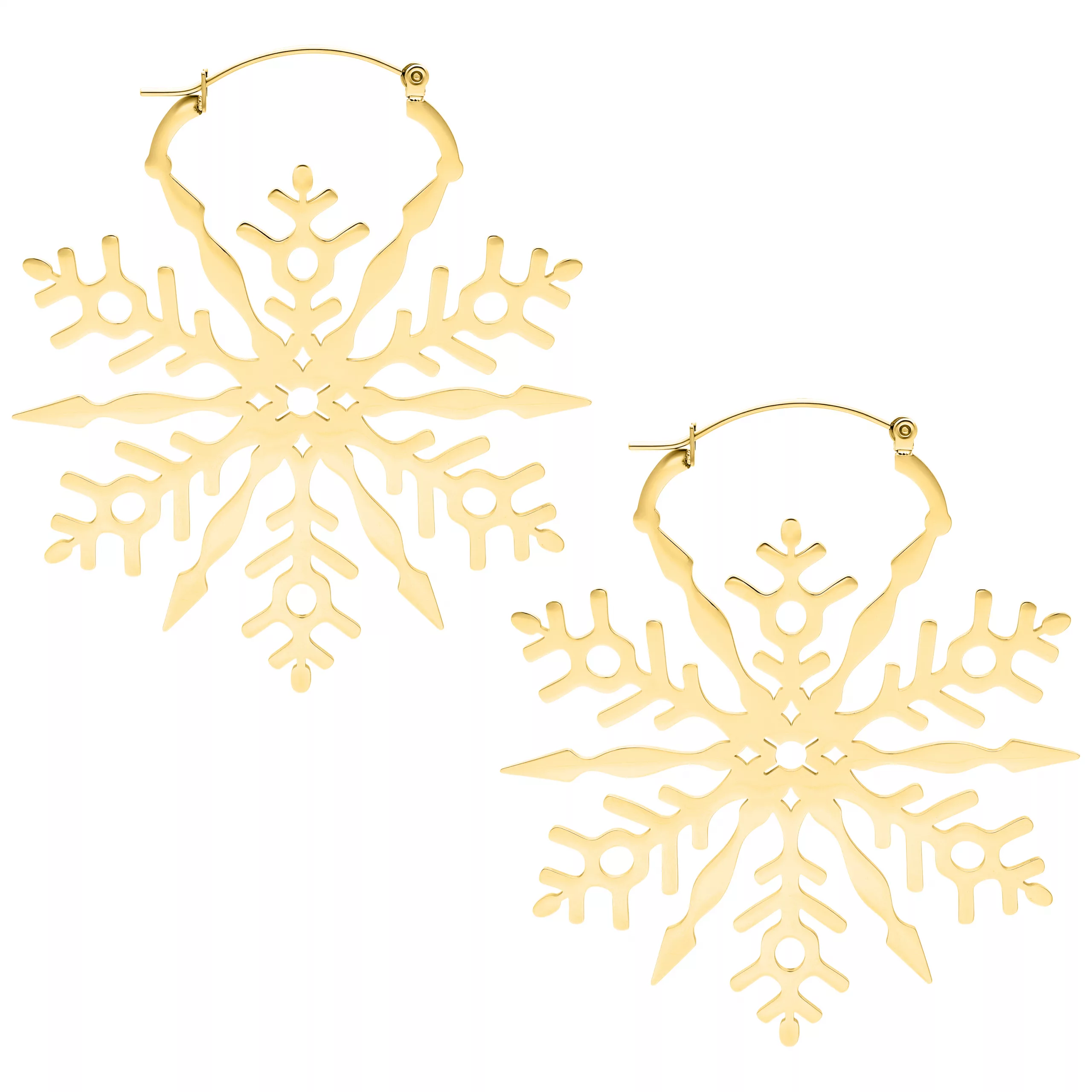 Goldene Schneeflocken-Ohrringe aus Chirurgenstahl Zwei goldene Ohrringe in Form von Schneeflocken auf weißem Hintergrund