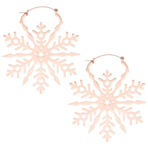 Zwei roségoldene Schneeflocken-Ohrringe aus Edelstahl auf weißem Hintergrund