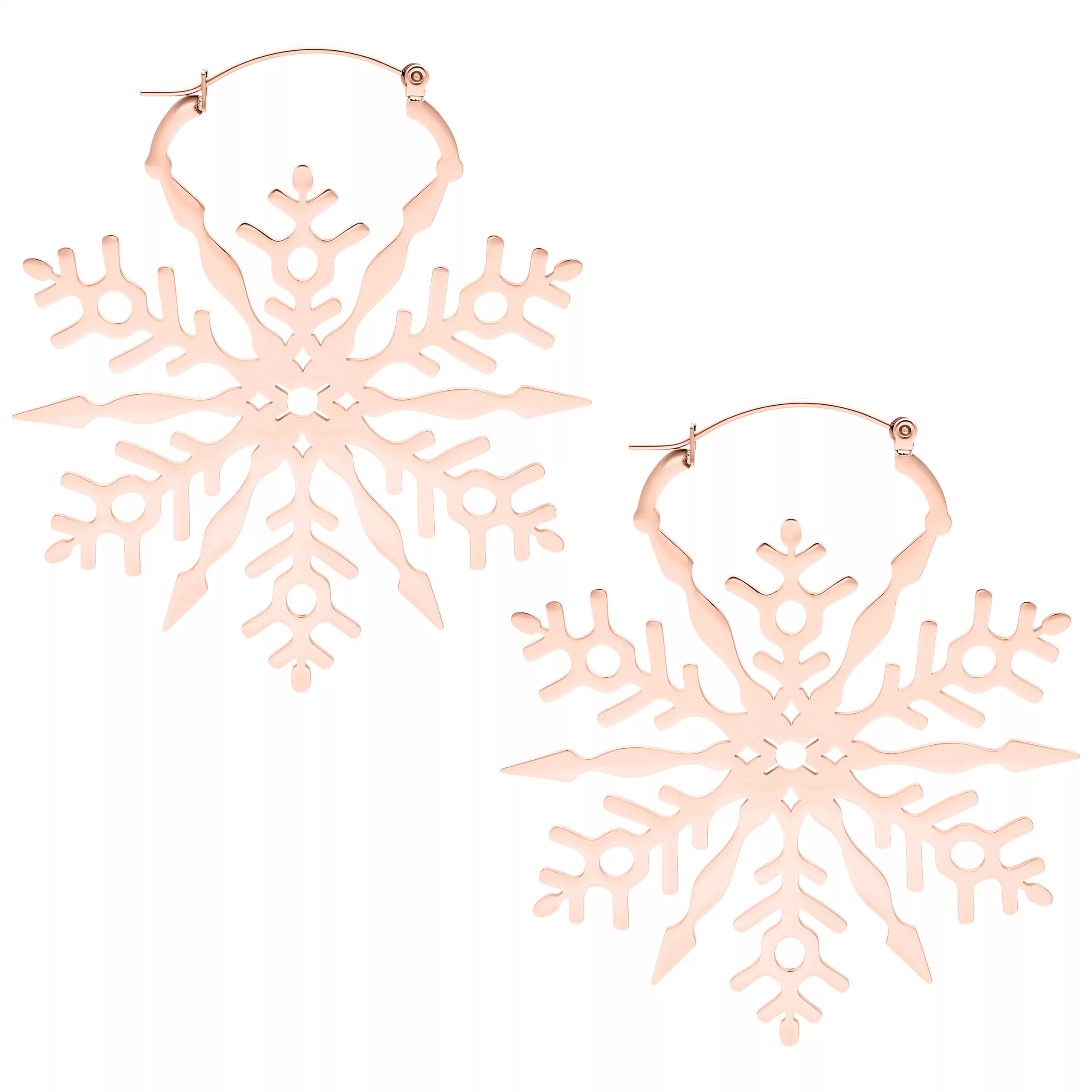Roségoldene Schneeflocken-Ohrringe aus Edelstahl Zwei roségoldene Schneeflocken-Ohrringe aus Edelstahl auf weißem Hintergrund