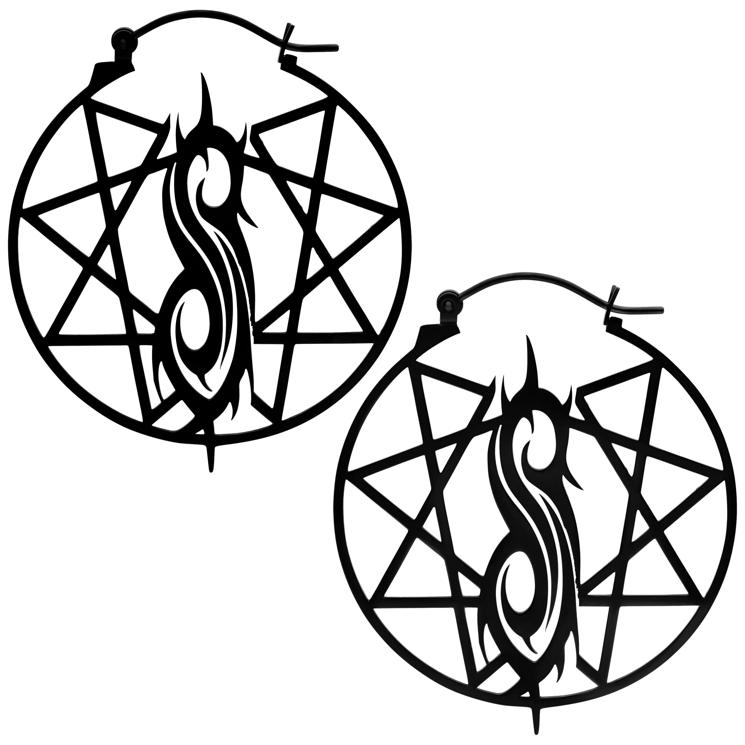 Slipknot Nonagram Logo Ohrringe aus Stahl Zwei silberne Slipknot Ohrringe mit Nonagram Logo auf weißem Hintergrund