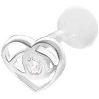 Silbernes Lovely Eye Push Fit Labret Piercing Silbernes Labret Piercing mit Herzform und klarem Stein auf weißem Hintergrund