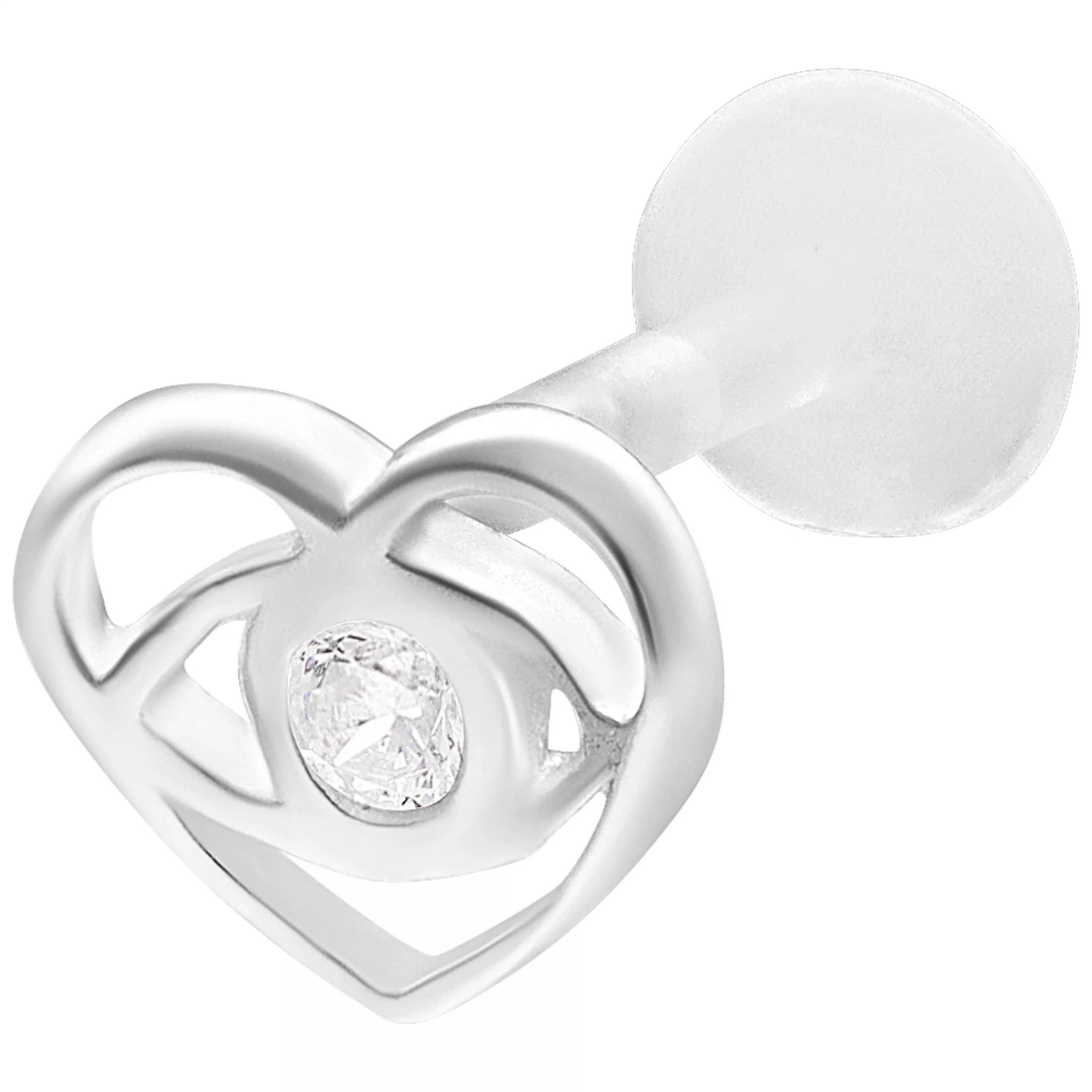 Silbernes Lovely Eye Push Fit Labret Piercing Silbernes Labret Piercing mit Herzform und klarem Stein auf weißem Hintergrund