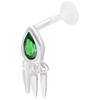 Grüner Smaragd Push Fit Labret mit Anhängern Silbernes Labret mit grünem Smaragd und drei Anhängern auf weißem Hintergrund
