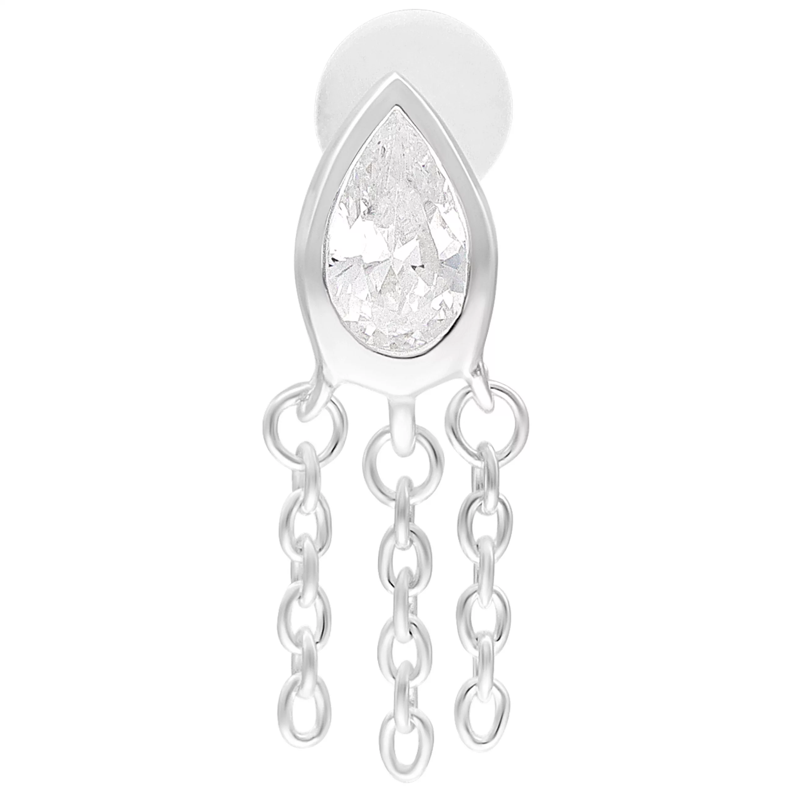 Silbernes Linda Push Fit Labret mit Ketten Silbernes Labret mit Tropfenform und Kettenanhänger auf weißem Hintergrund