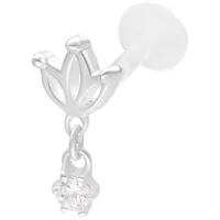 Silbernes Lotus Push Fit Labret mit Kristall Silbernes Labret mit Lotus-Design und funkelndem Kristall auf weißem Hintergrund