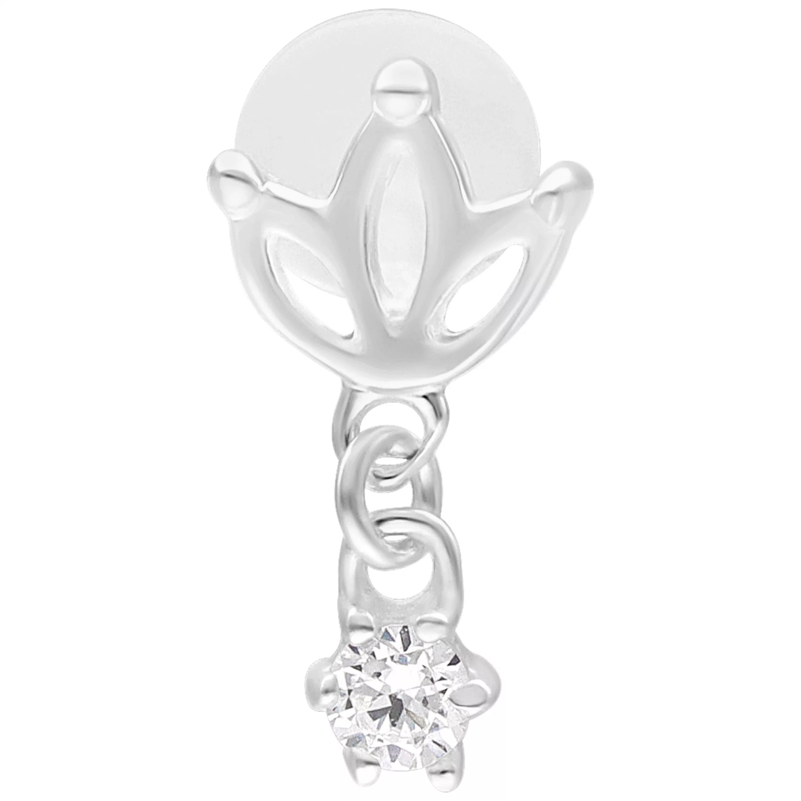 Silbernes Lotus Push Fit Labret 5,0 mm Silbernes Labret mit Lotus-Design und funkelndem Stein auf weißem Hintergrund