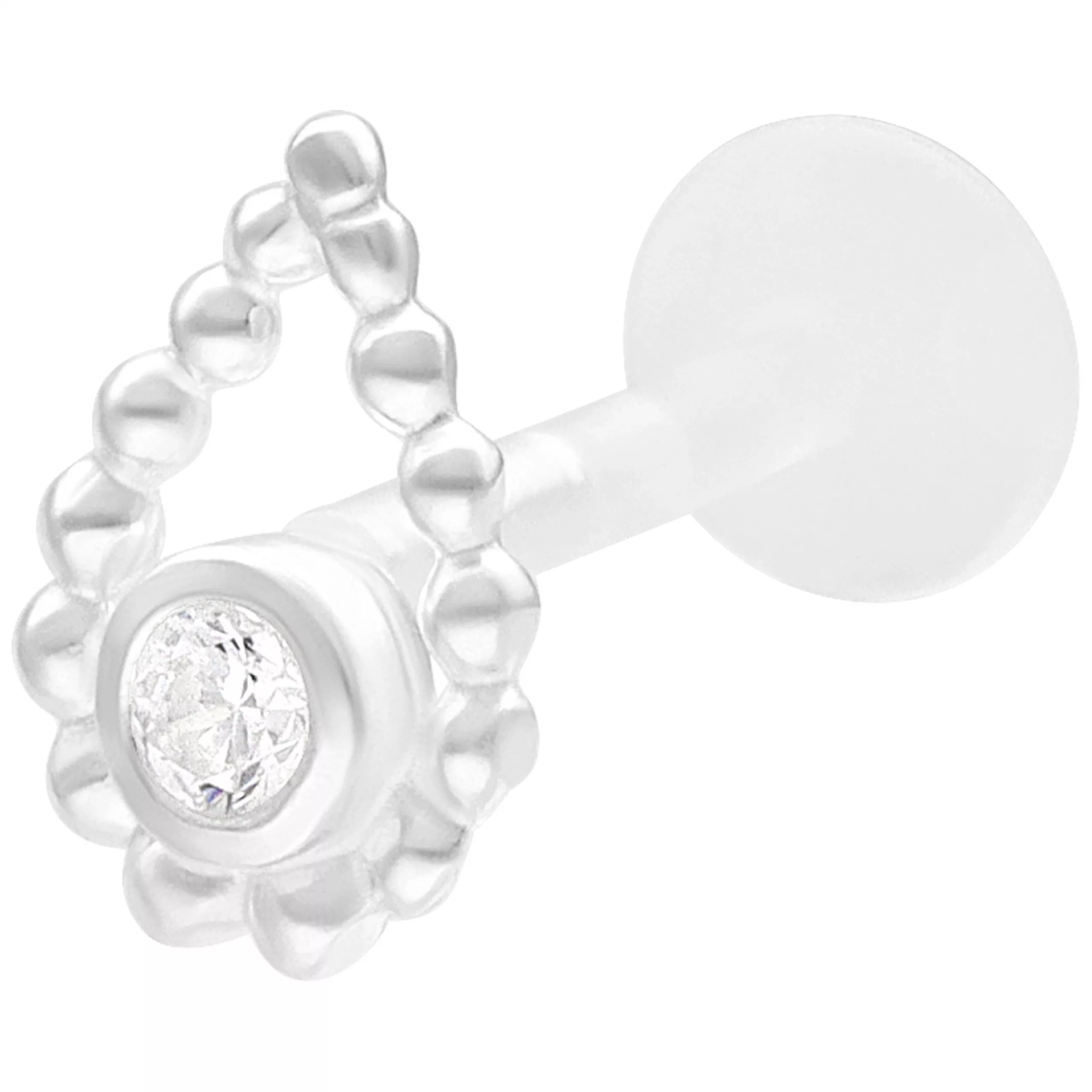 Silbernes Bead Drop Push Fit Labret Silbernes Labret mit Perlenring und Stein auf weißem Hintergrund