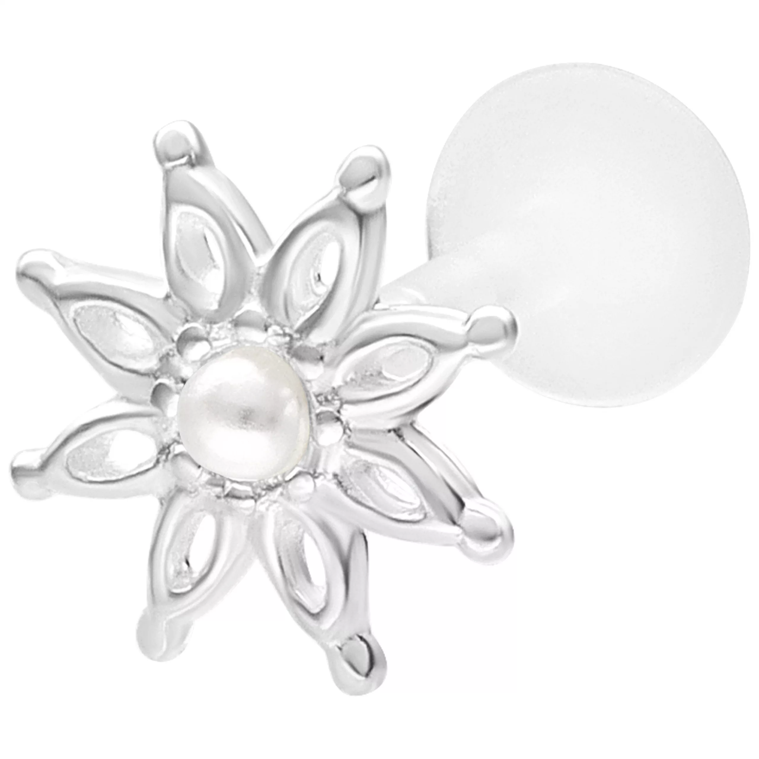 Blumen Labret mit Push Fit in Silberoptik Silbernes Blumen Labret mit Perlenaufatz auf weißem Hintergrund