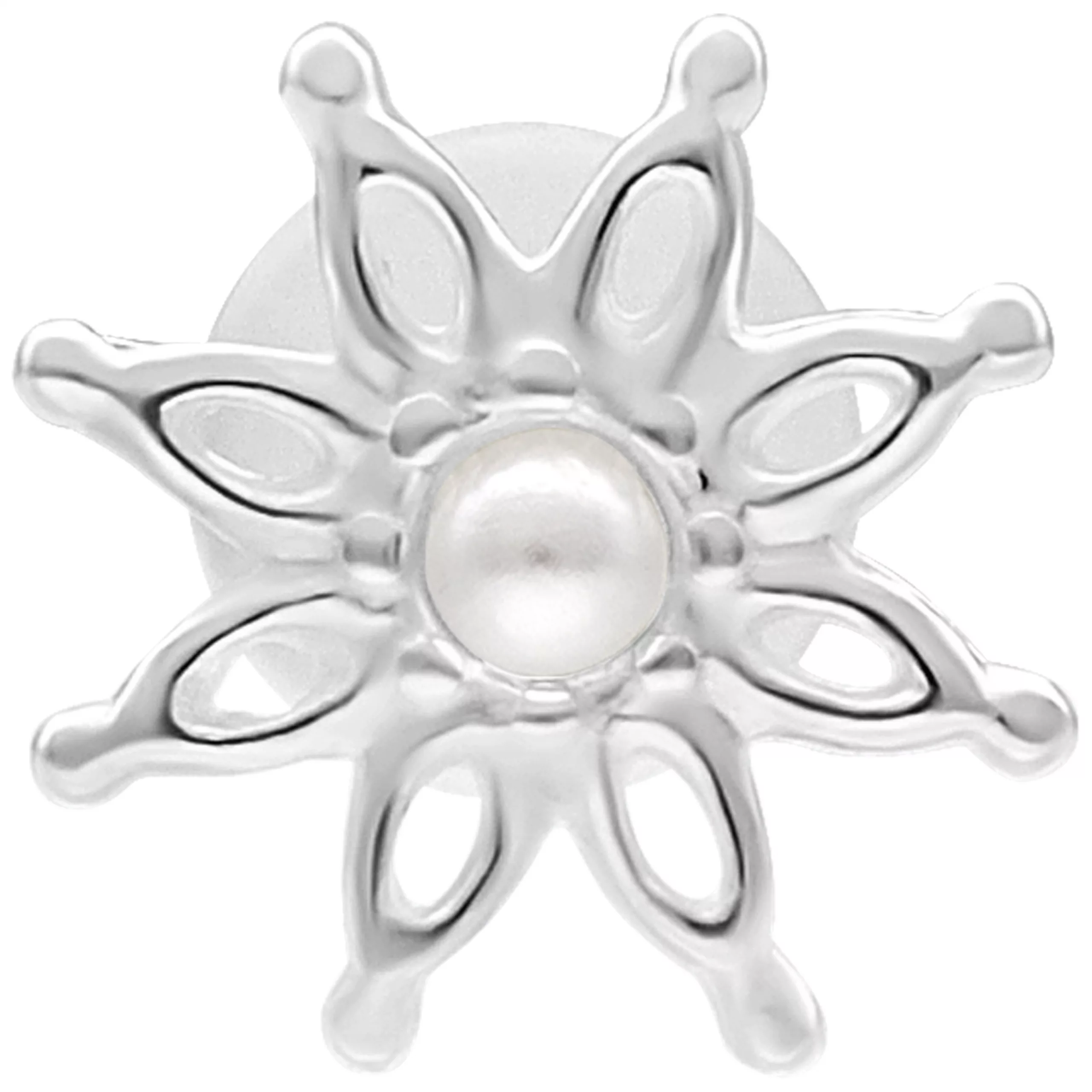 Silbernes Bloom Push Fit Labret 5,0 mm Silbernes Labret mit blumenförmigem Design und Perlendetail auf weißem Hintergrund
