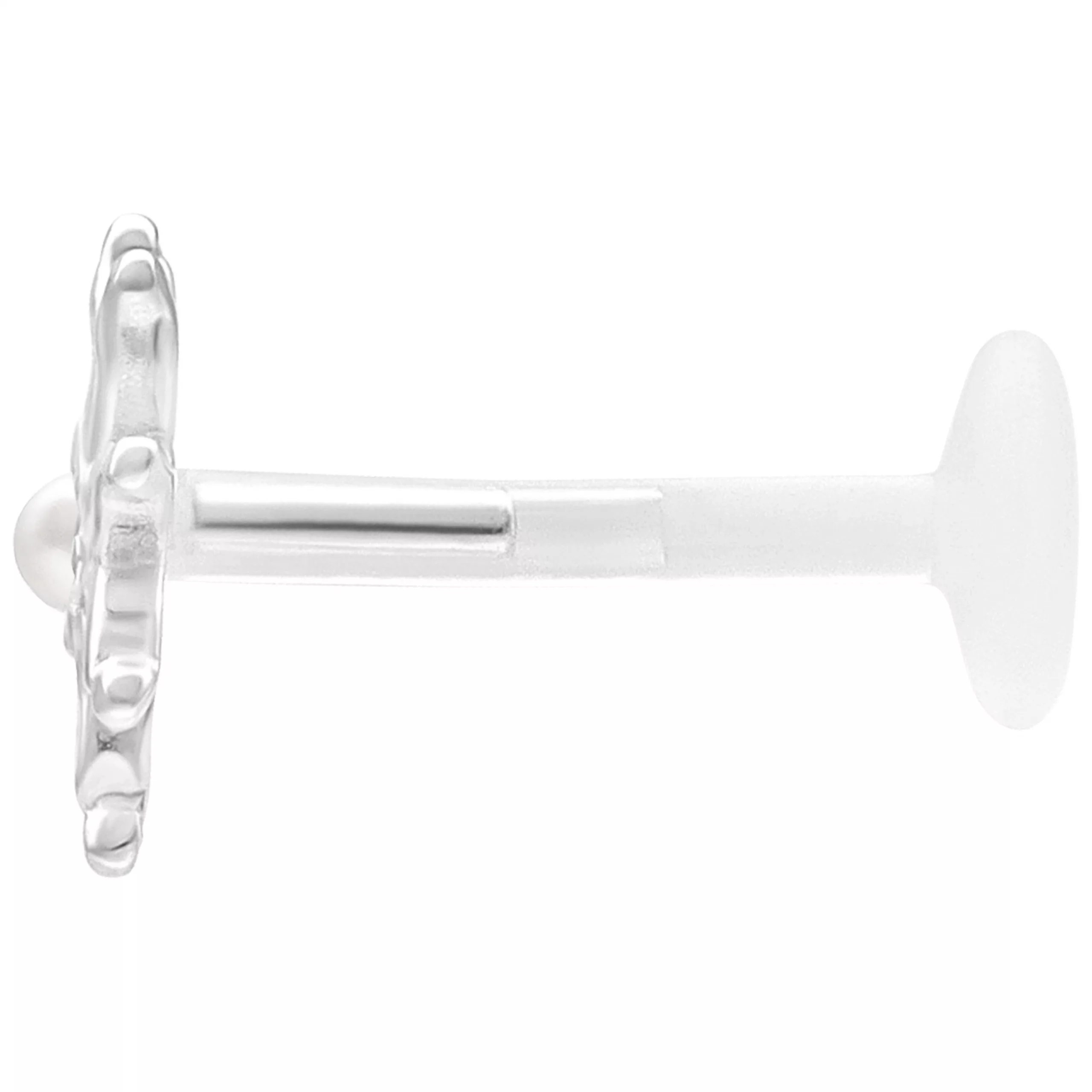 Silbernes Bloom Push Fit Labret Piercing Silbernes Labret Piercing mit Blumenaufsatz auf weißem Hintergrund