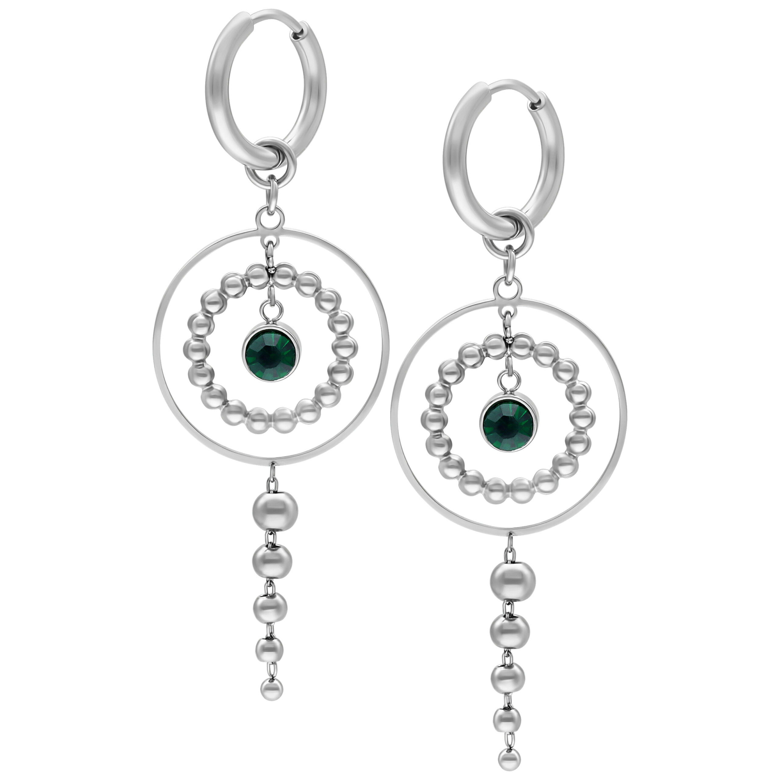 Little Aurora Hoops in Silber mit Smaragdgrün Silberne Creolen mit smaragdgrünem Kristall auf weißem Hintergrund