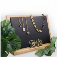 Schwarzer Schmuckdisplay mit goldenen Ketten Schwarzer Schmuckdisplay mit goldenen Ketten und Ohrringen auf Holzrahmen, umgeben von grünen Blättern