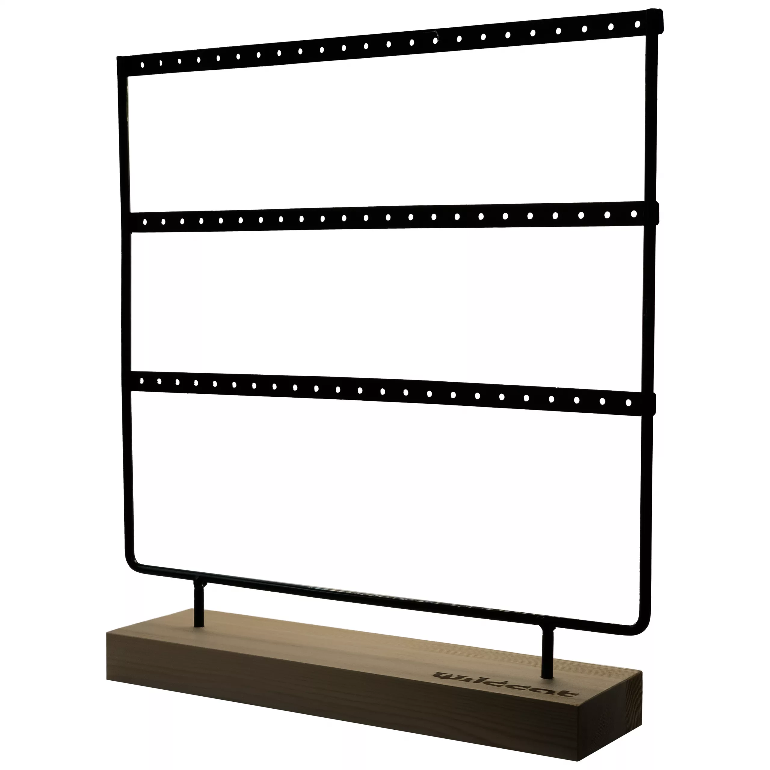 Schwarzes Display für Ringe auf Holzsockel Schwarzes Display mit drei Reihen zur Präsentation von Ringen auf rechteckigem Holzsockel