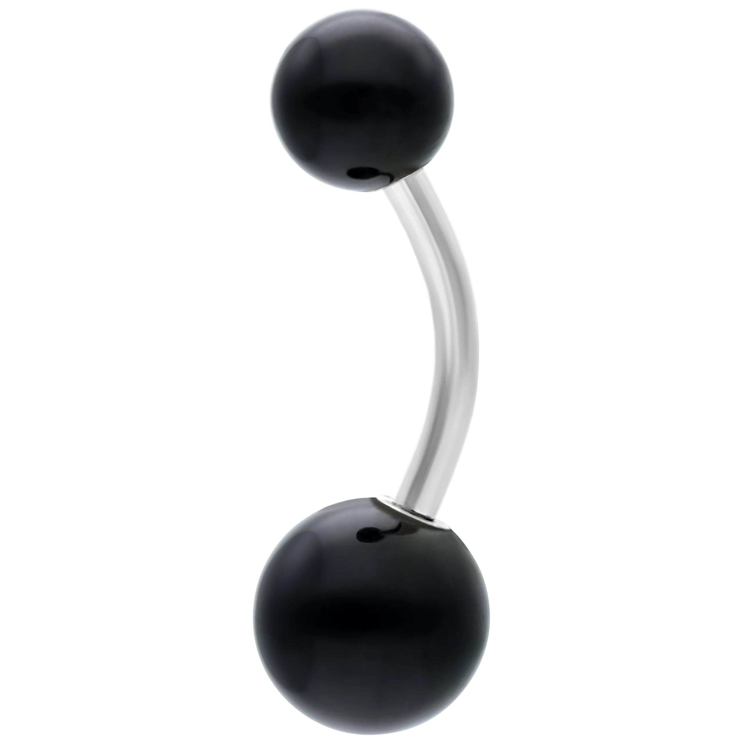 Schwarzes Titan Bananabell Bauchnabelpiercing Schwarzes Bananabell aus Titan mit zwei Kugeln auf weißem Hintergrund