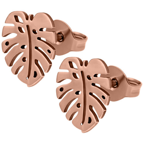 Roségoldene Monstera Ohrstecker aus Titan auf weißem Hintergrund