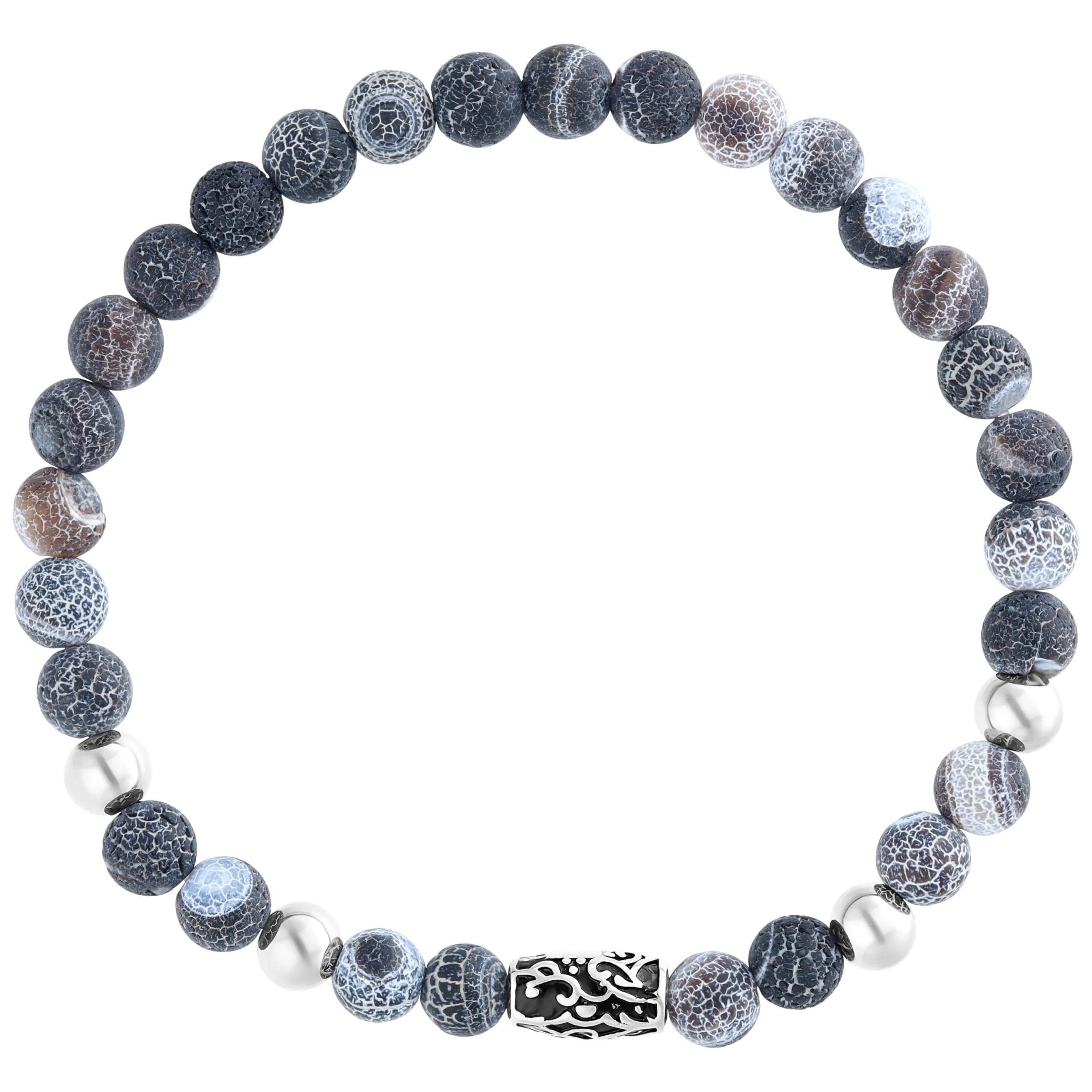 Kleines graues Armband mit Musterperlen Graues Armband aus Kunststoff mit gemusterten Perlen auf weißem Hintergrund