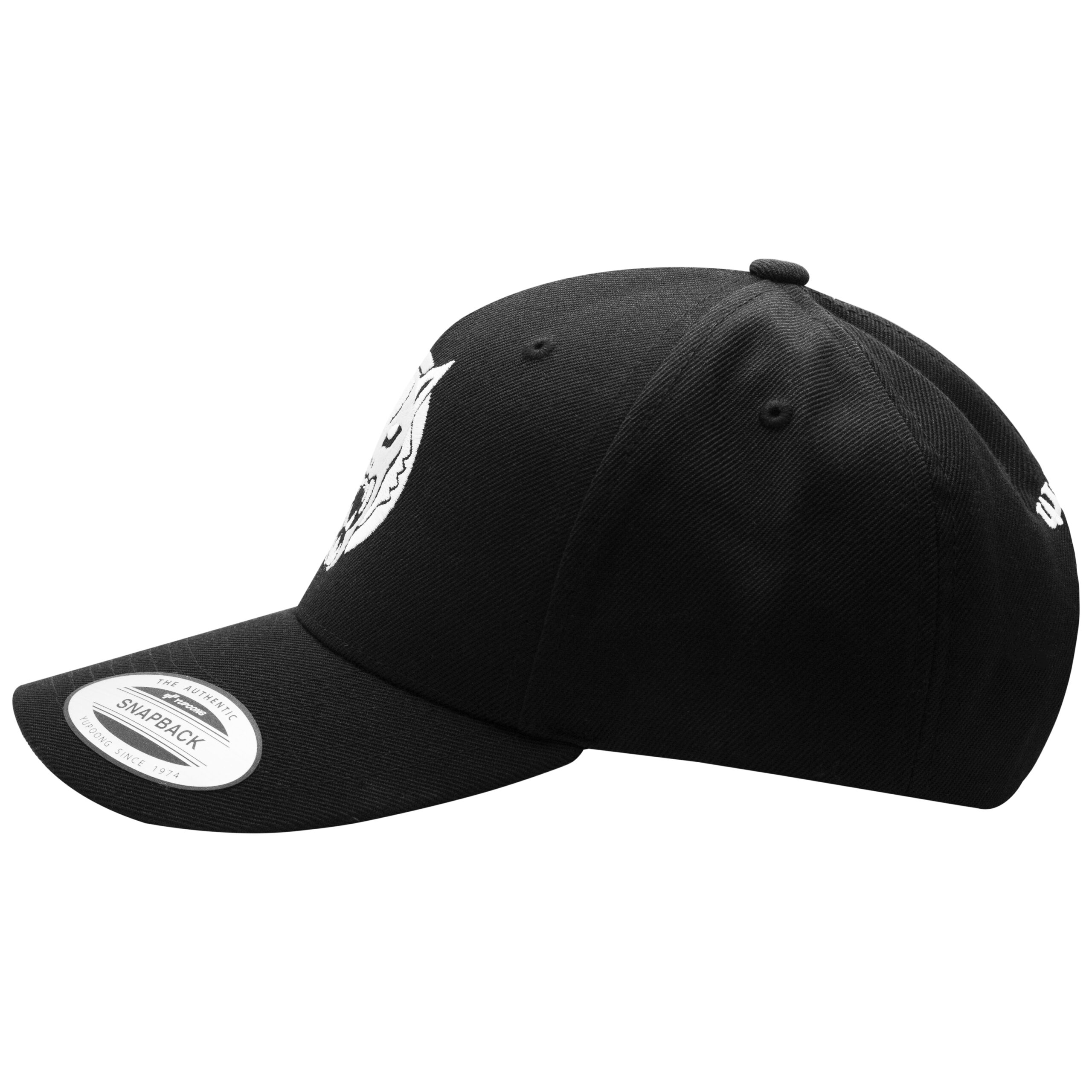 Schwarze Wildcat Snapback Cap aus Polyacryl Schwarze Snapback Cap mit Wildcat-Logo, seitlich auf weißem Hintergrund
