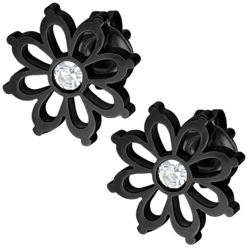 Zwei schwarze Blumen Ohrstecker aus Chirurgenstahl mit kristallklarem Stein auf weißem Hintergrund
