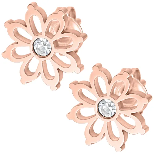 Paar roségoldene Ohrstecker in Blumenform mit klarem Kristall auf weißem Hintergrund