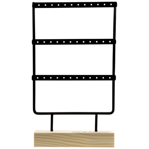 Schwarzes Metall-Display mit Holzsockel für Ohrringe, freistehend