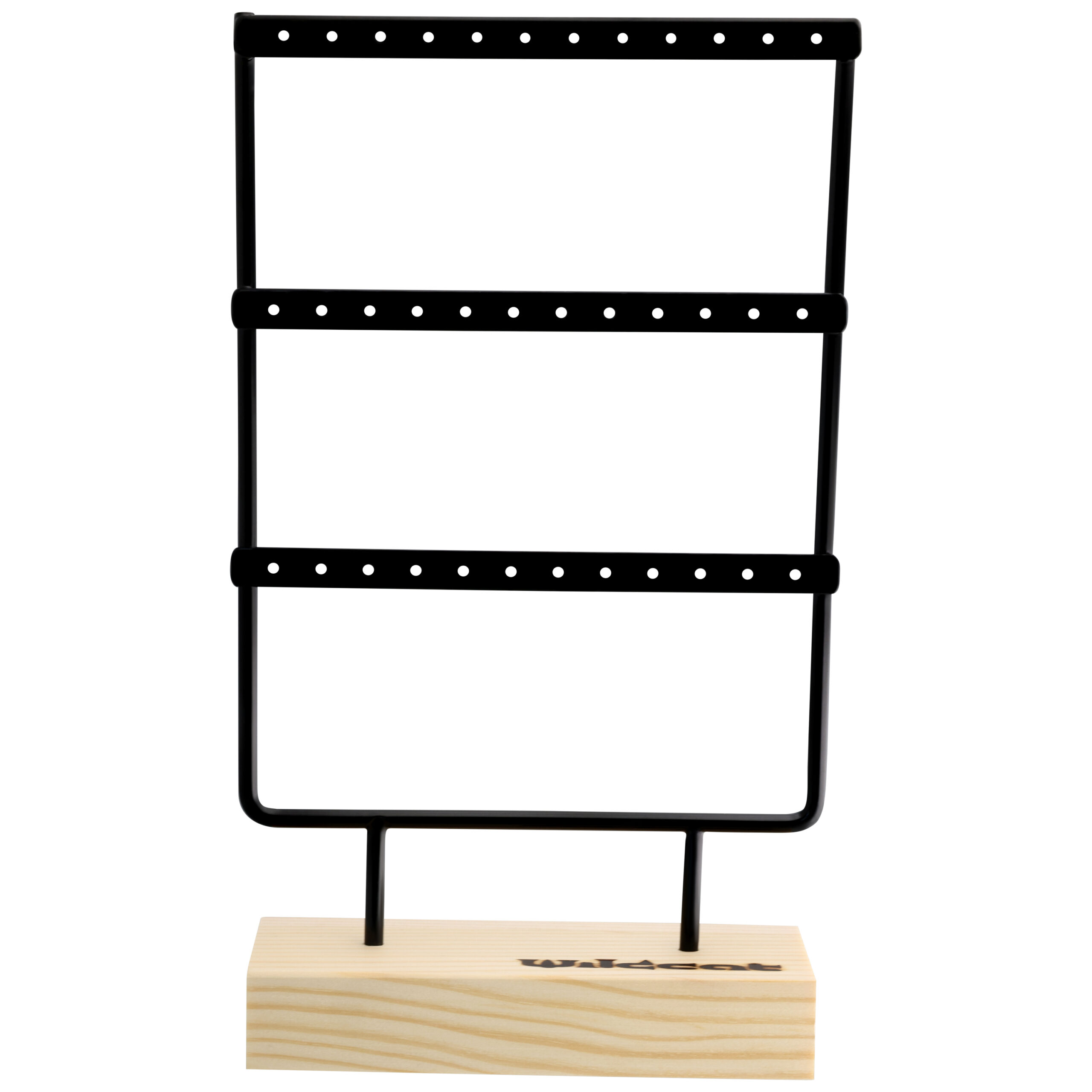 Schwarzes Display für Little Hoops Schwarzes Metall-Display auf hellem Holzsockel mit drei Reihen