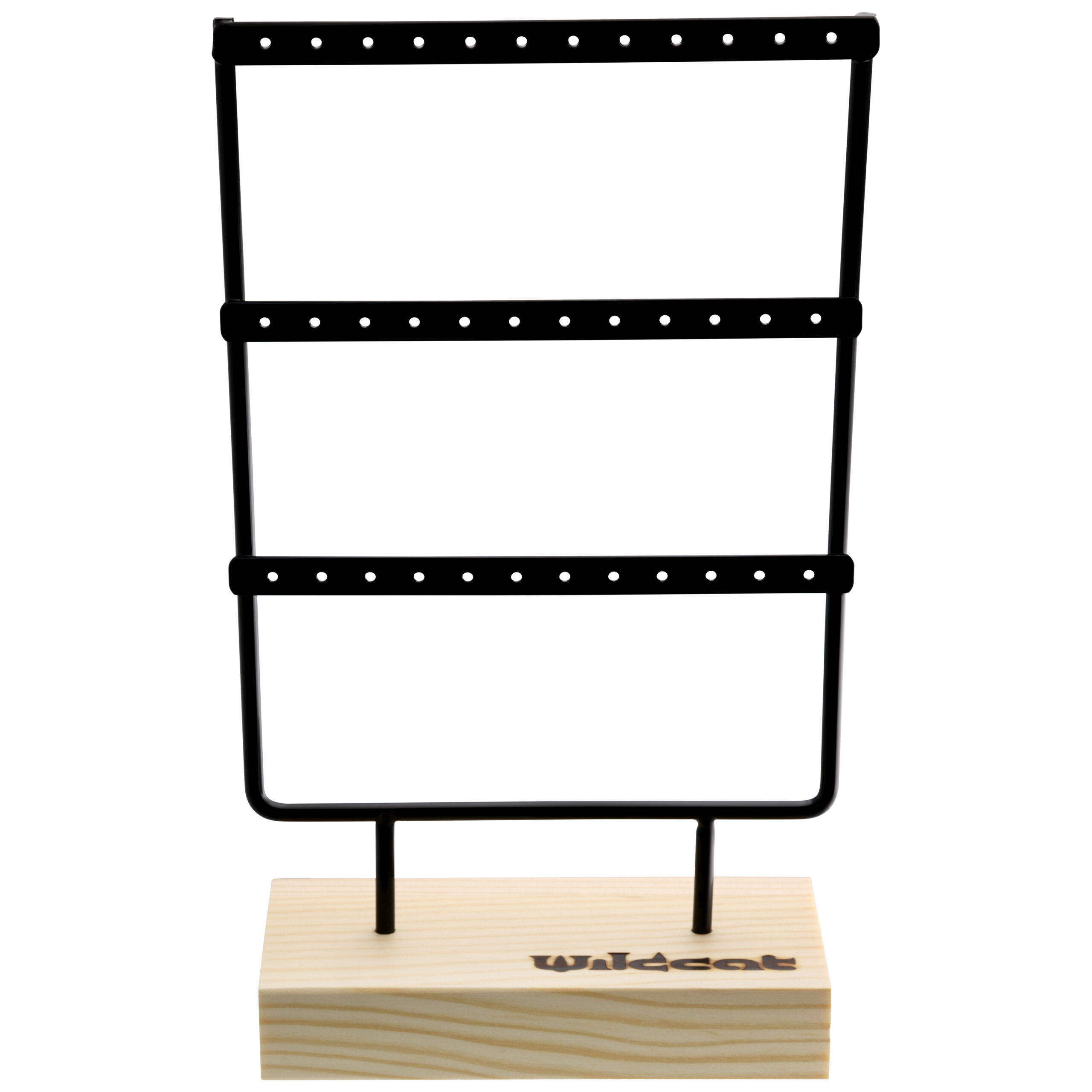 Schwarzes Display für Little Hoops Schwarzes Metall-Display mit Holzsockel für Little Hoops, auf weißem Hintergrund