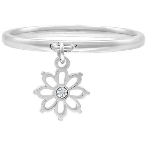 Silberner Fingerring aus Chirurgenstahl mit hängendem Blumenanhänger auf weißem Hintergrund