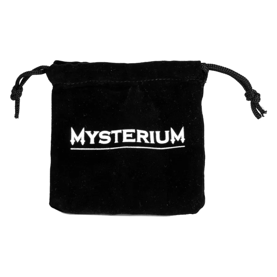 Schwarzer Mysterium Logo Schmuckbeutel Schwarzer Polyesterbeutel mit Mysterium Logo auf weißem Hintergrund