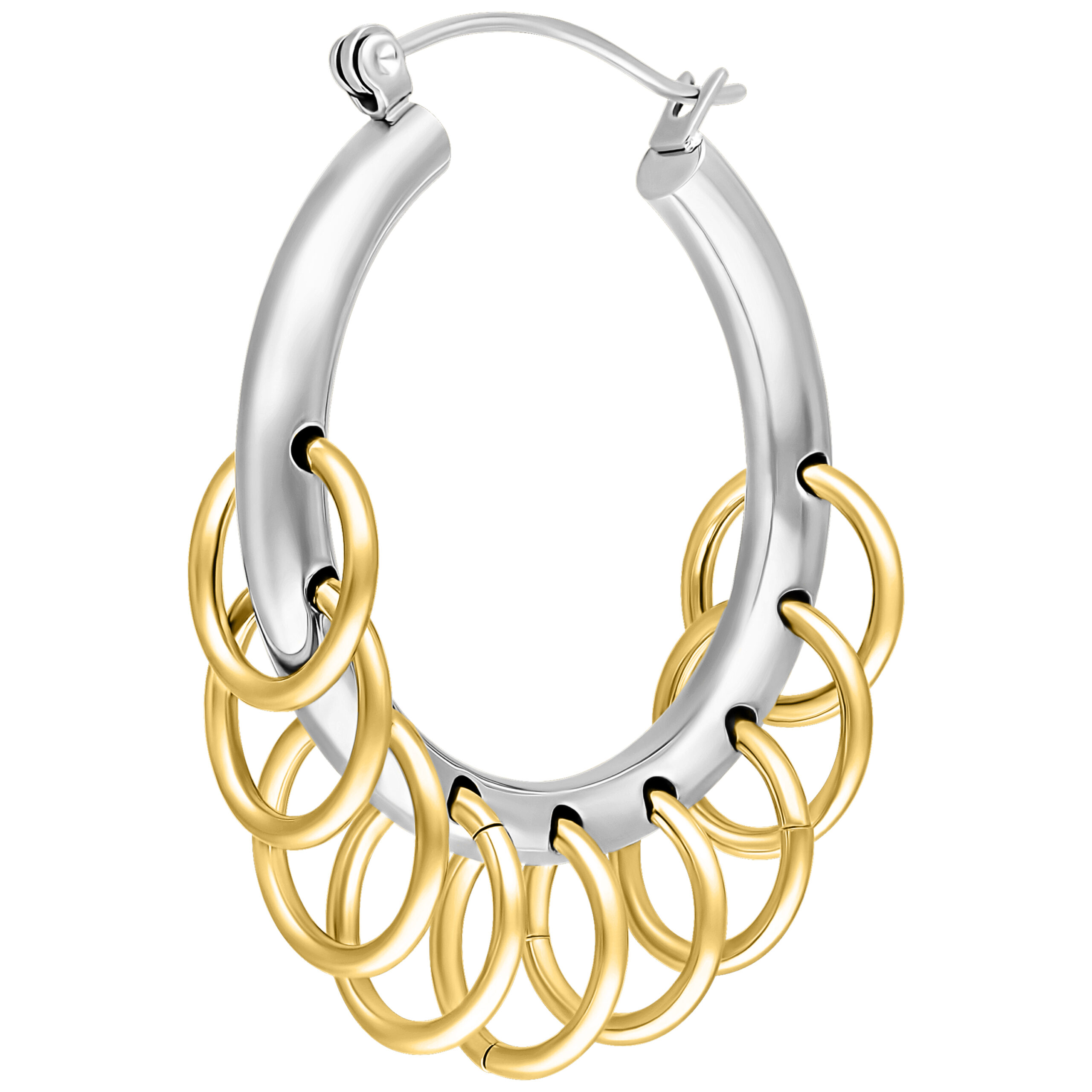 Silberne und goldene Hoops mit Loops Ohrringe Silberne Ohrringe mit goldenen Loops auf weißem Hintergrund