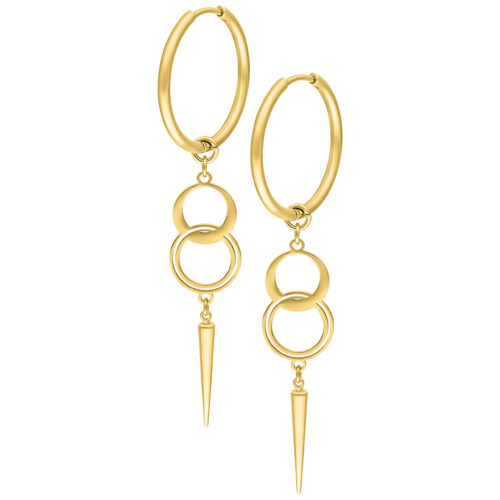 Goldene Metall-Ohrringe mit doppeltem Ring und spitzem Anhänger auf weißem Hintergrund