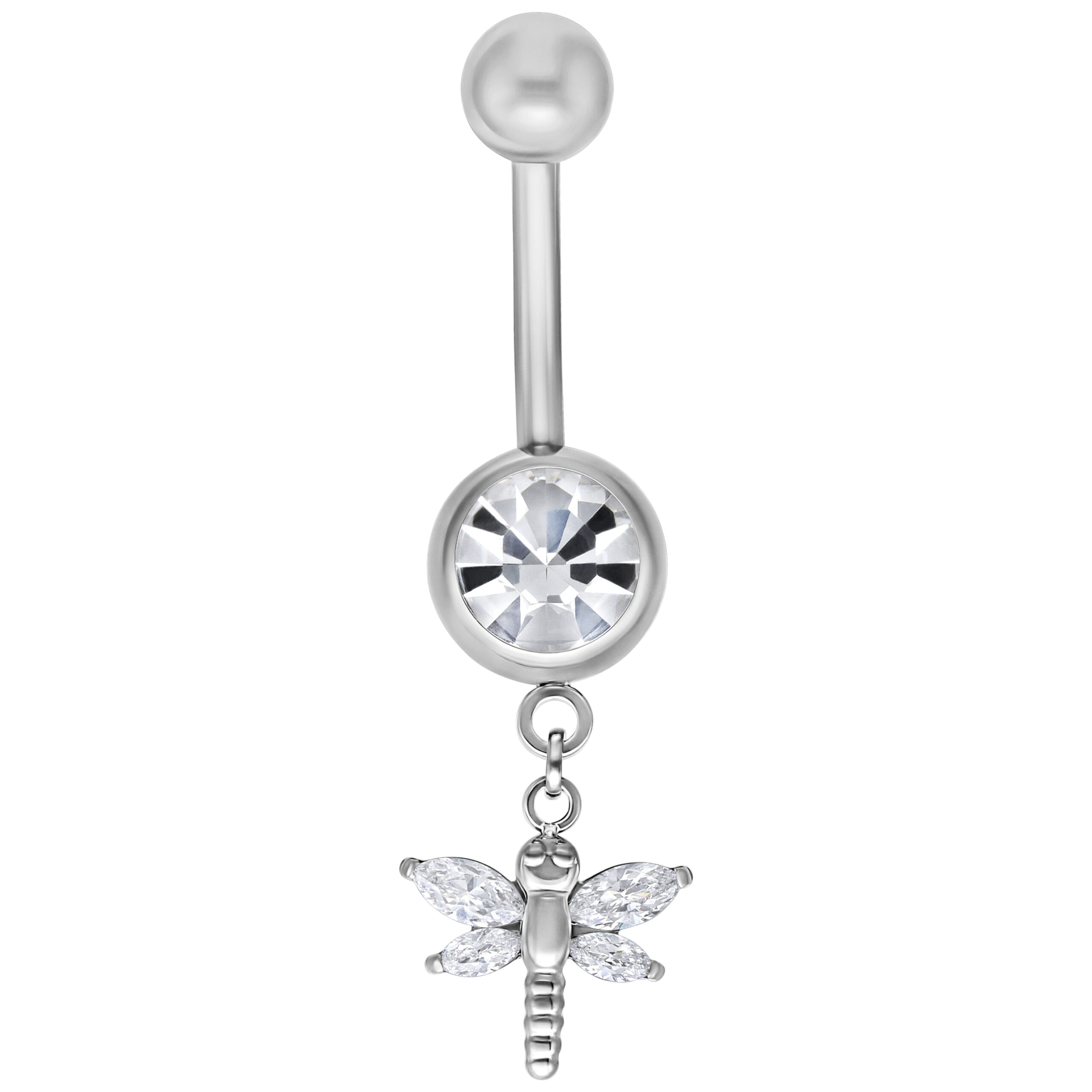 Silbernes Dragon-fly Bananabell mit Kristall Silbernes Bauchnabelpiercing mit Libellen-Anhänger und klarem Kristall auf weißem Hintergrund