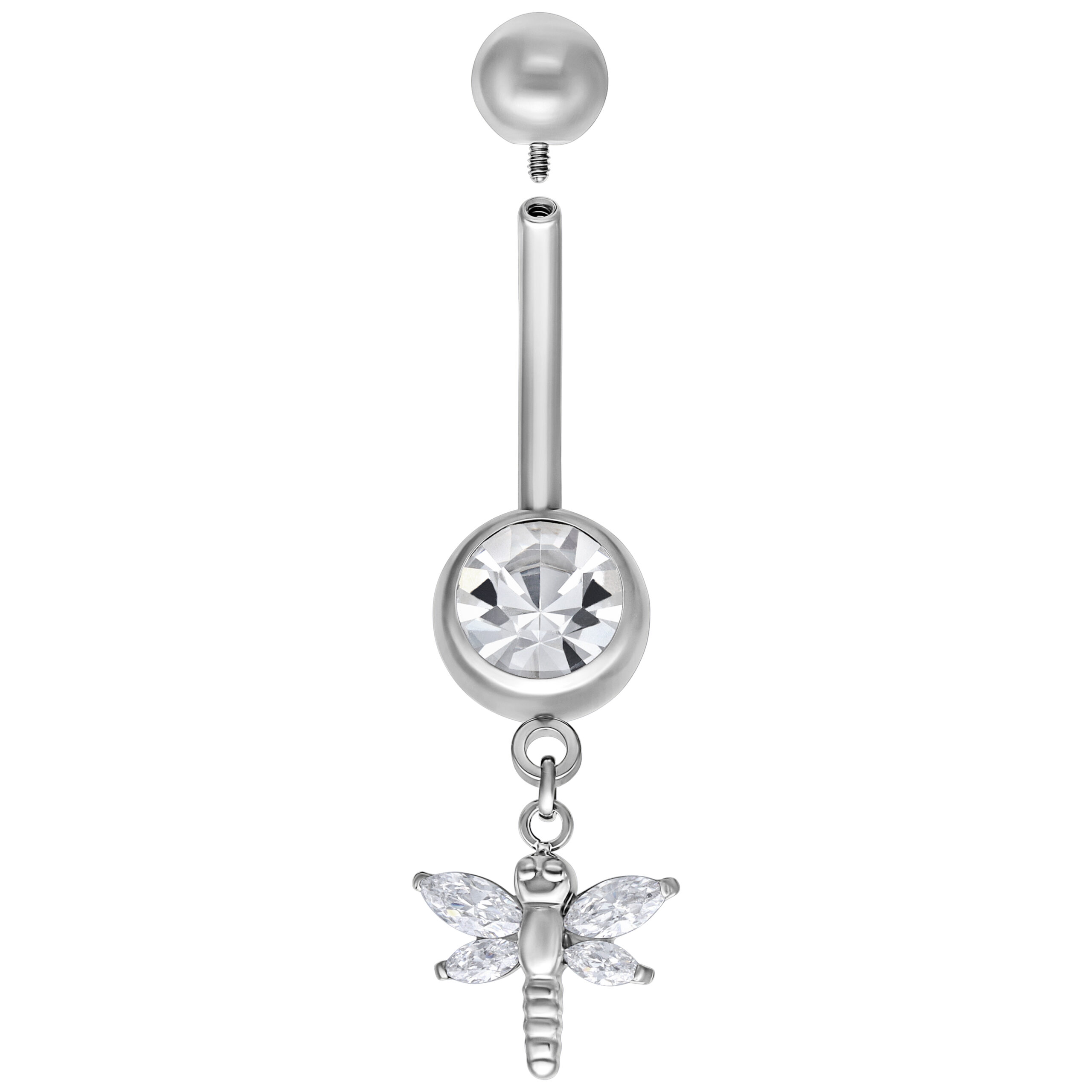 Silbernes Dragon-fly Bananabell 8,0 mm Silbernes Bauchnabelpiercing mit Libellen-Anhänger und kristallklarem Stein, 8,0 mm